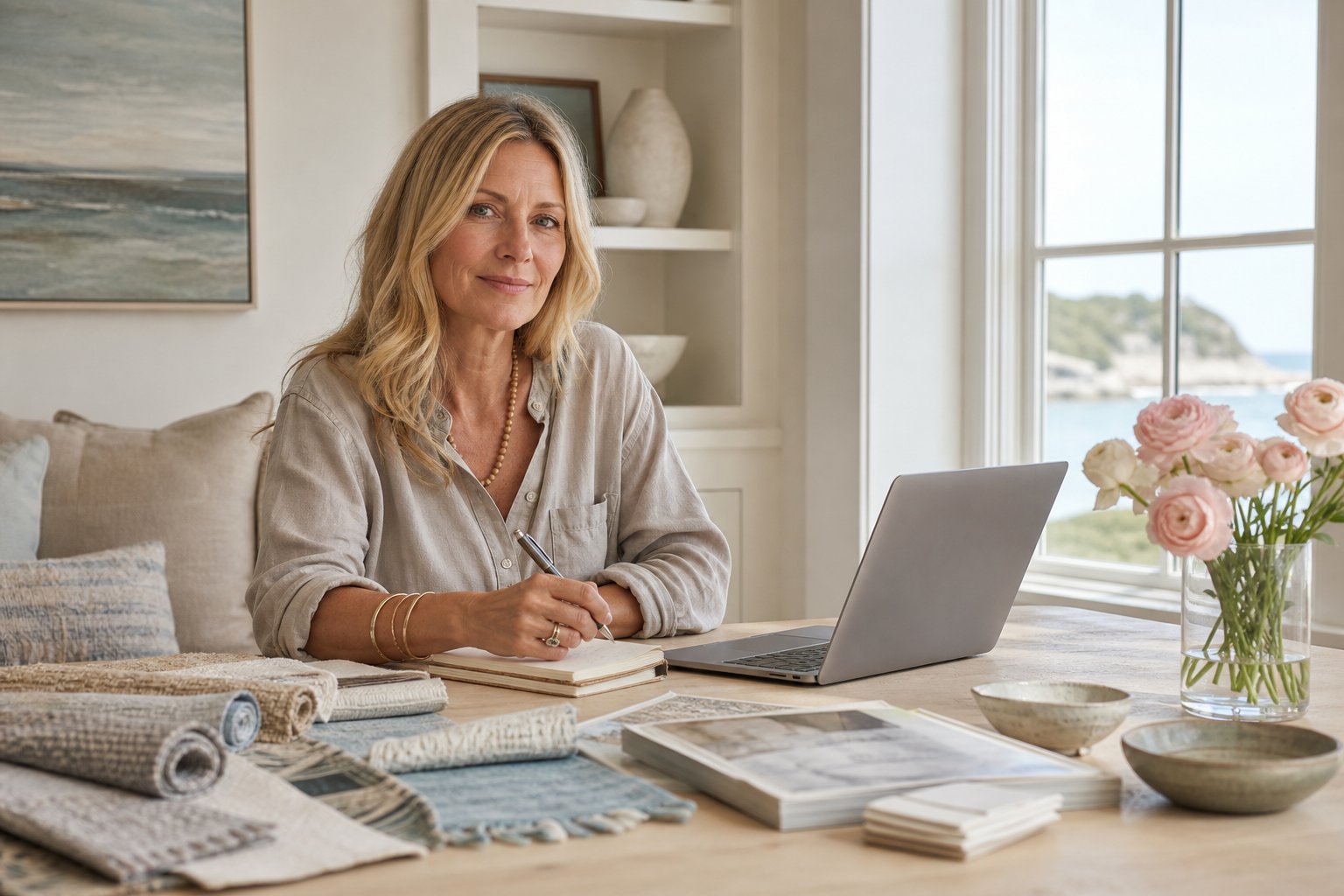 Wedding business owner reviewing her numbers on a laptop in a light-filled home studio