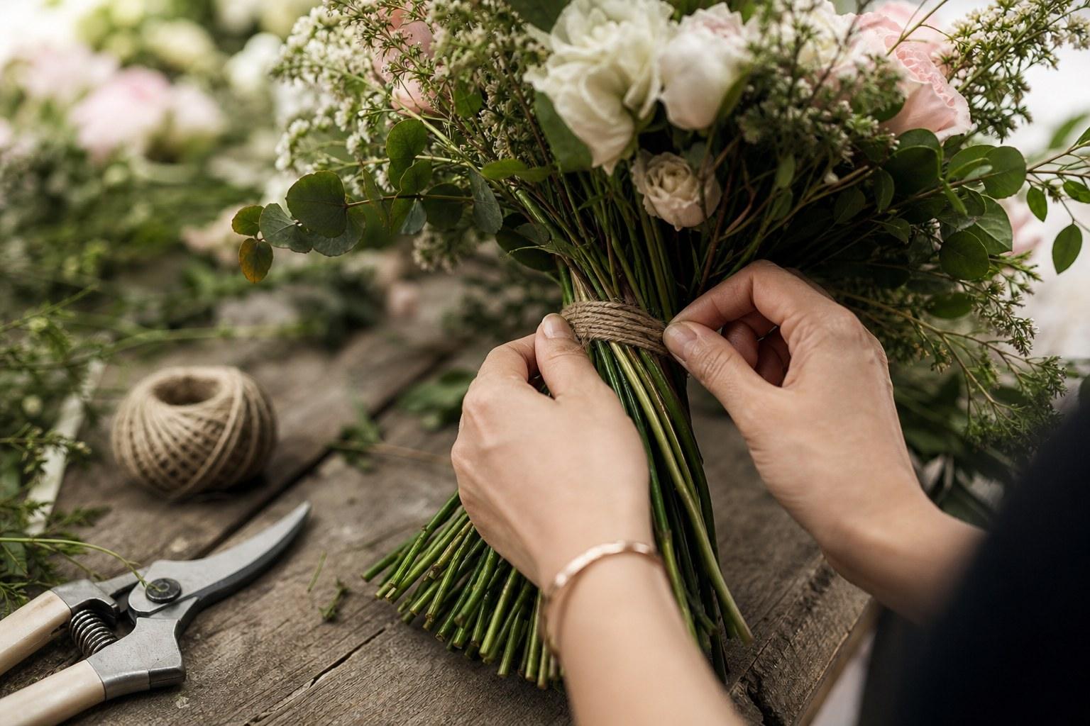 Wedding Academy | Wedding Bouquet Design: How to Build a Bridal Bouquet Step by Step Close-up of hands holding a bridal bouquet in a spiral hand-tie