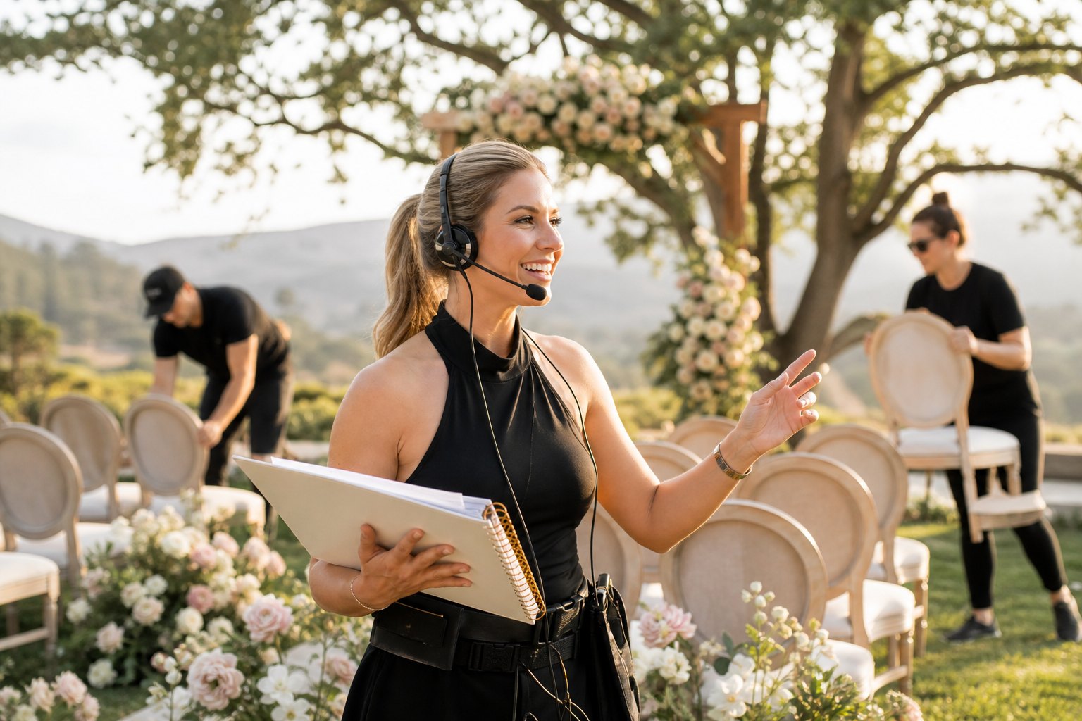 Wedding Academy | Wedding Planner Certification: Do You Actually Need One in 2026? Certified wedding planner coordinating vendors during a garden wedding set-up at golden hour