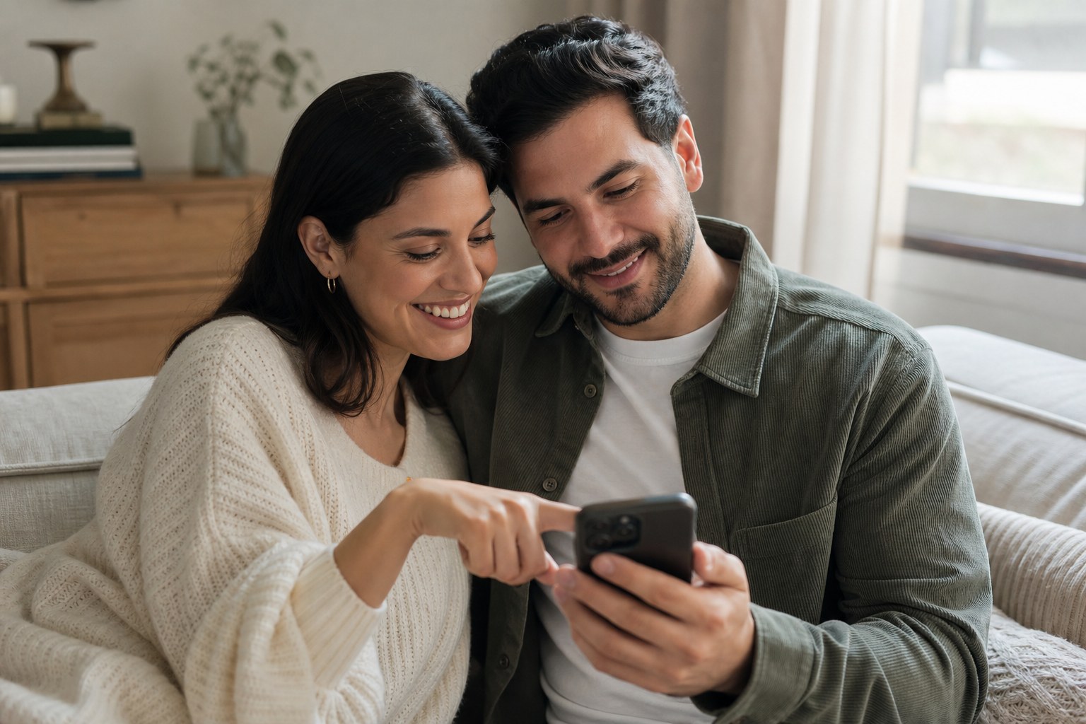 Couple browsing a wedding planner's Instagram profile on a phone