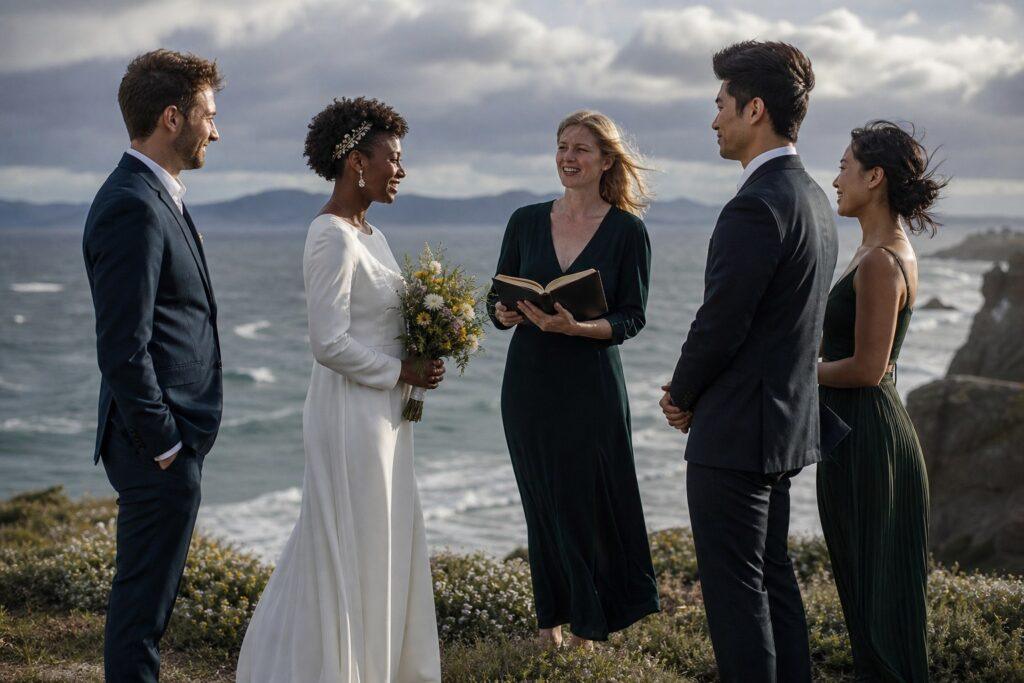 Couple eloping on a coastal clifftop with a celebrant and two witnesses