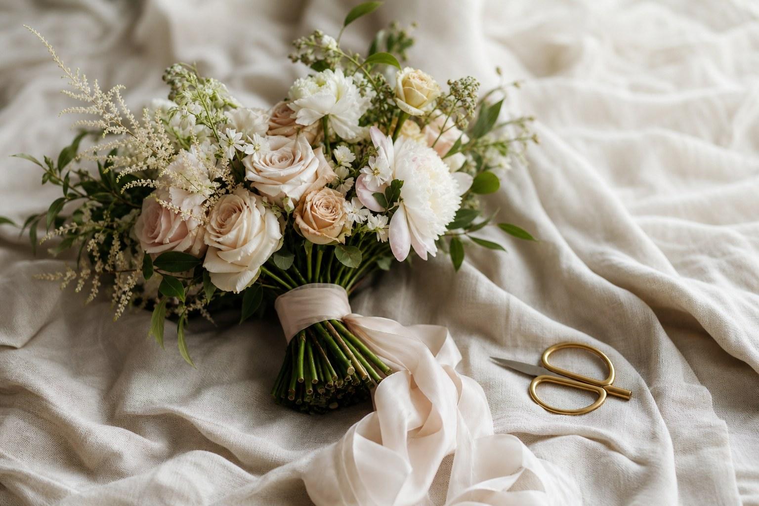Wedding Academy | Wedding Bouquet Design: How to Build a Bridal Bouquet Step by Step Finished bridal bouquet wrapped in silk ribbon resting on linen