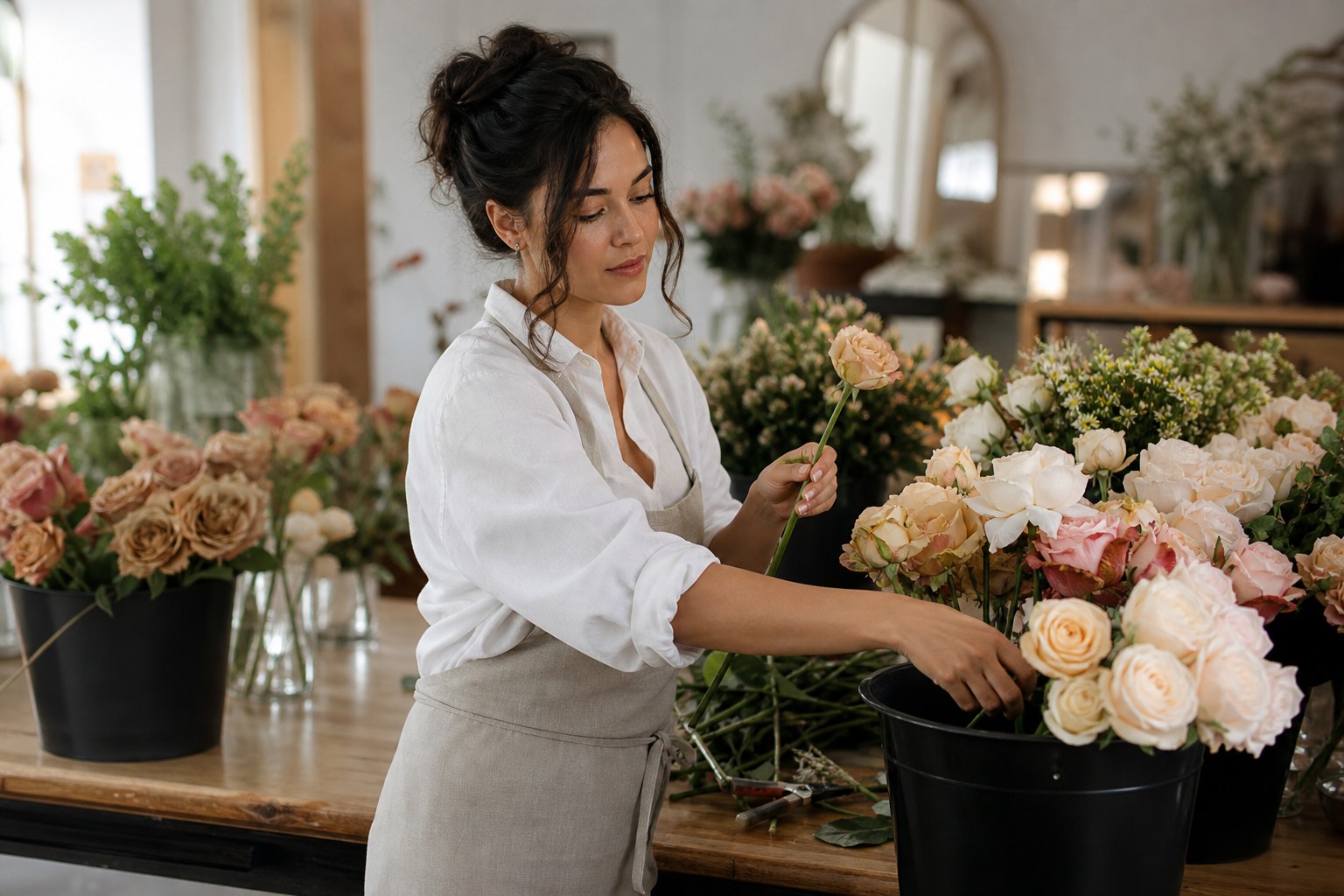 Floral design course student conditioning fresh roses at a wedding florist studio bench