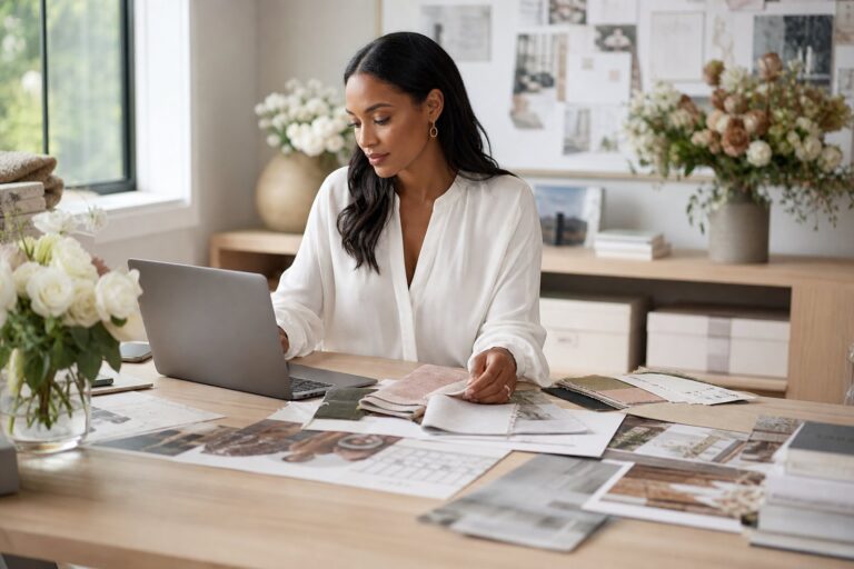 home-wedding-planning-business-desk Wedding planner working from a home office desk with mood boards and florals
