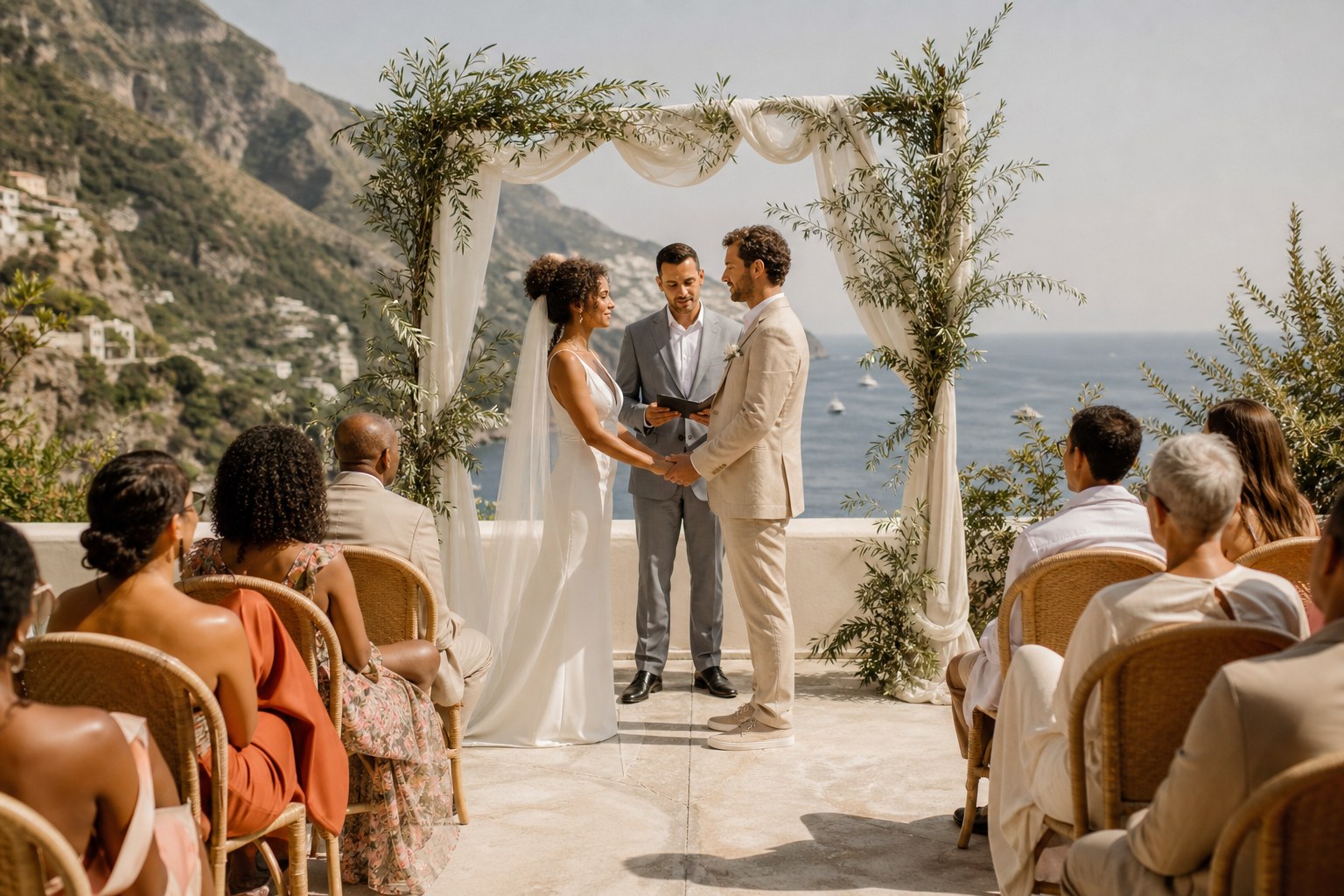 How to become a destination wedding planner – intimate micro wedding ceremony on a clifftop terrace overseas