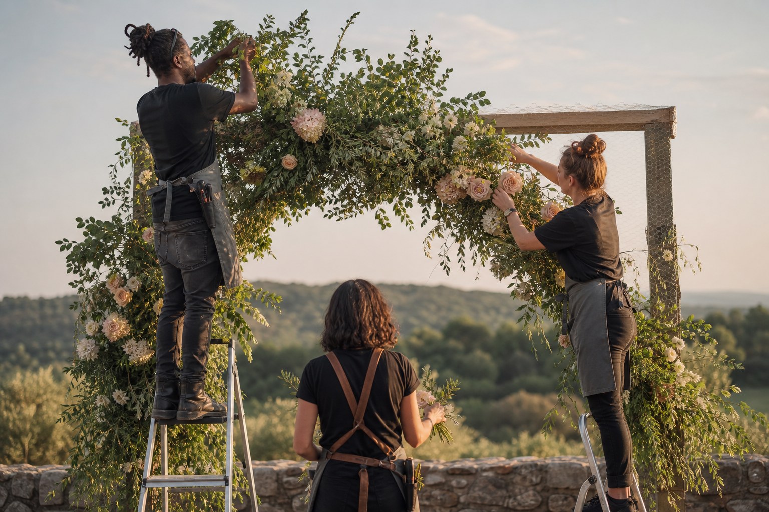 Wedding Academy | Floral Design Course: How to Become a Wedding Florist Wedding florists installing a large floral arch installation at an outdoor ceremony venue