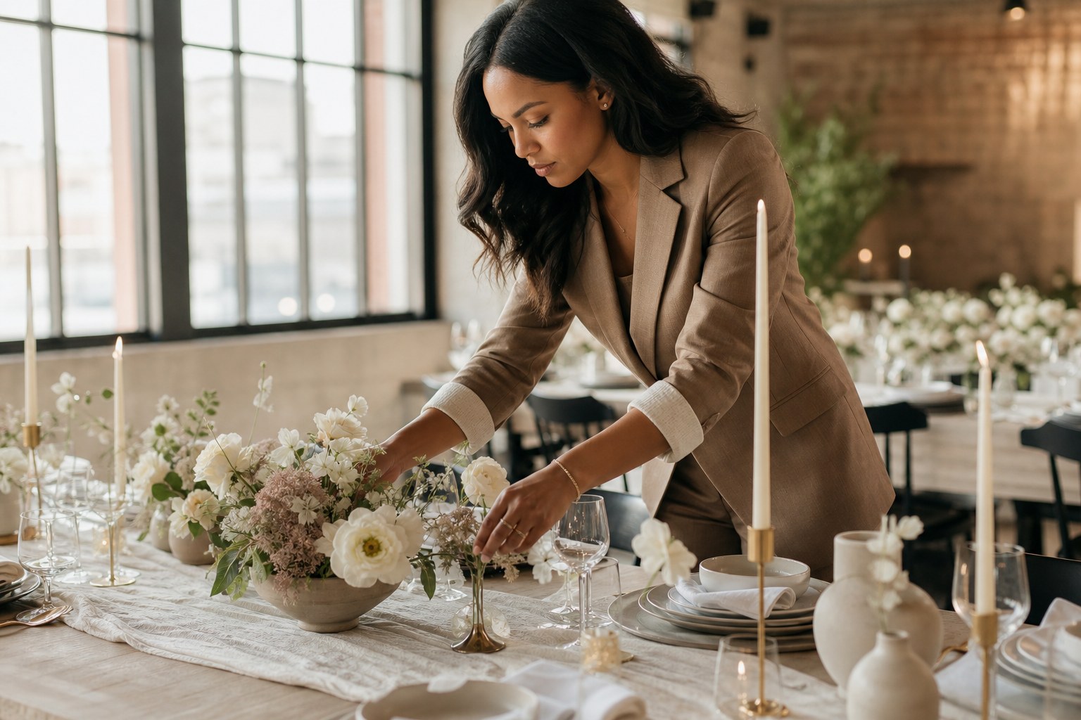 How to become a wedding stylist How to become a wedding stylist – a wedding stylist arranging a candlelit tablescape in a light-filled venue