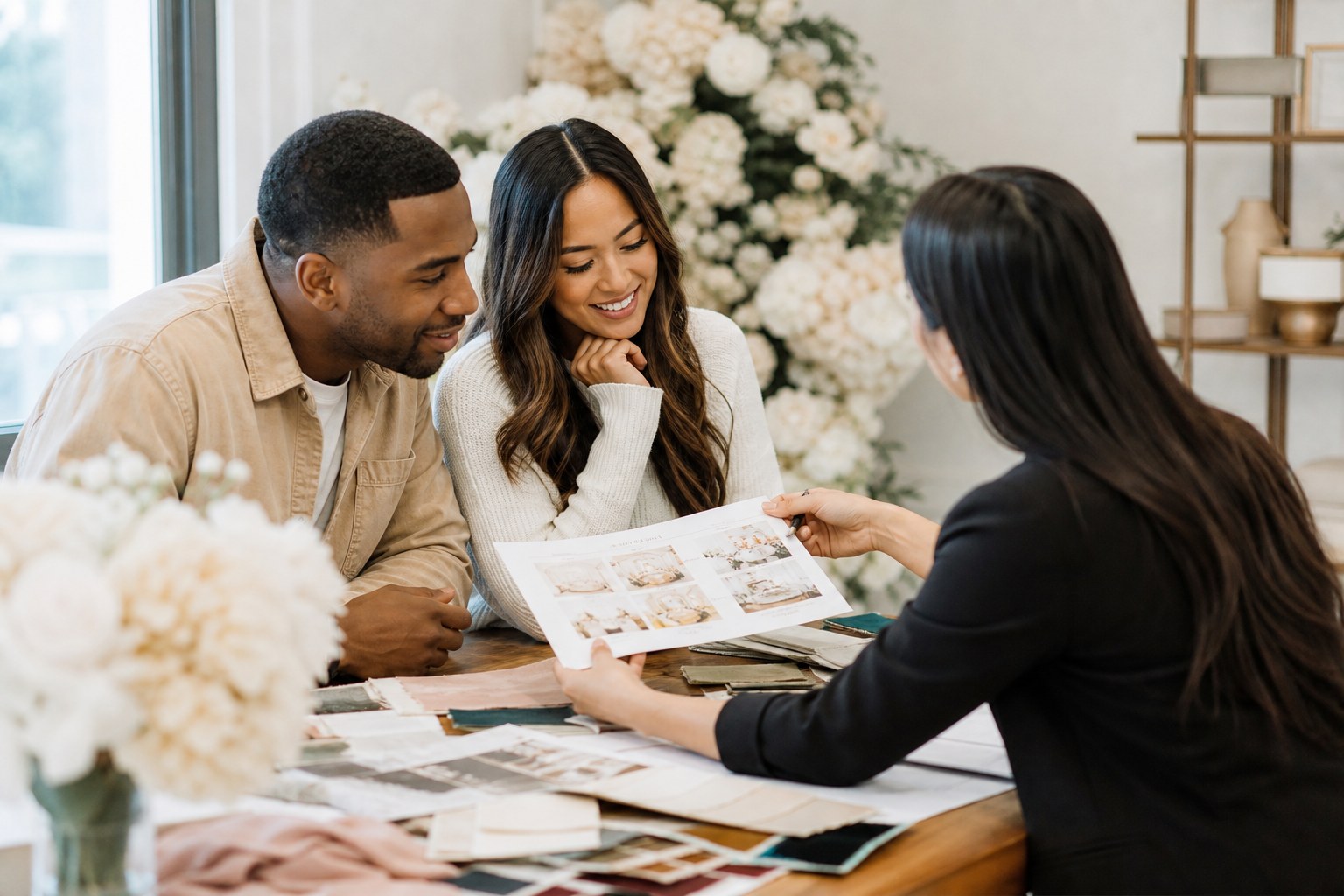 Wedding Academy | Wedding Business Marketing: How to Get Wedding Clients Wedding planner presenting a proposal to an engaged couple during an enquiry-to-booking consultation