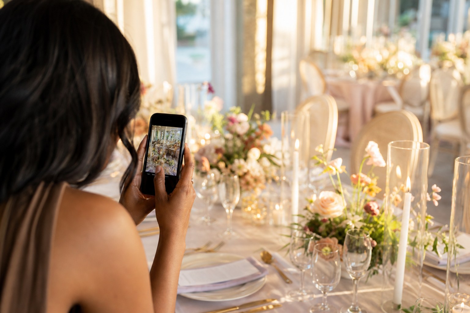 Wedding Academy | Wedding Business Marketing: How to Get Wedding Clients Wedding stylist photographing a styled reception table on her phone for Instagram content marketing