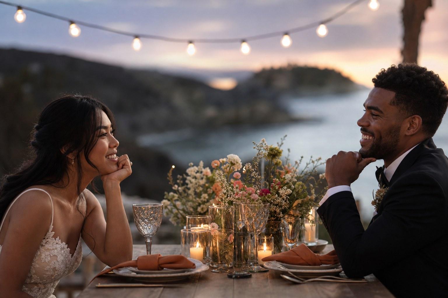 Intimate elopement dinner table set for two outdoors