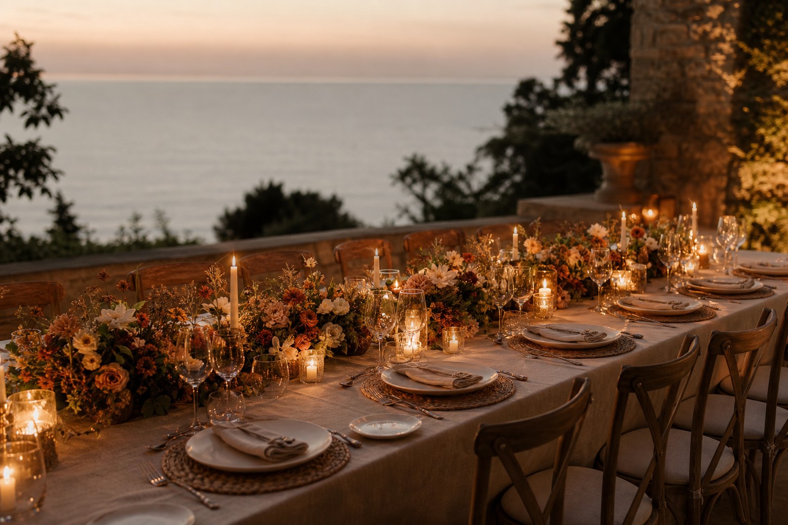 Intimate destination wedding reception table set at dusk overlooking the sea