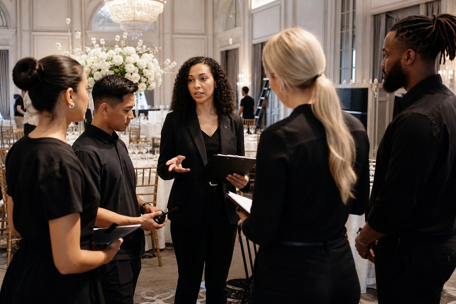 Lead wedding planner briefing an assistant team before a reception
