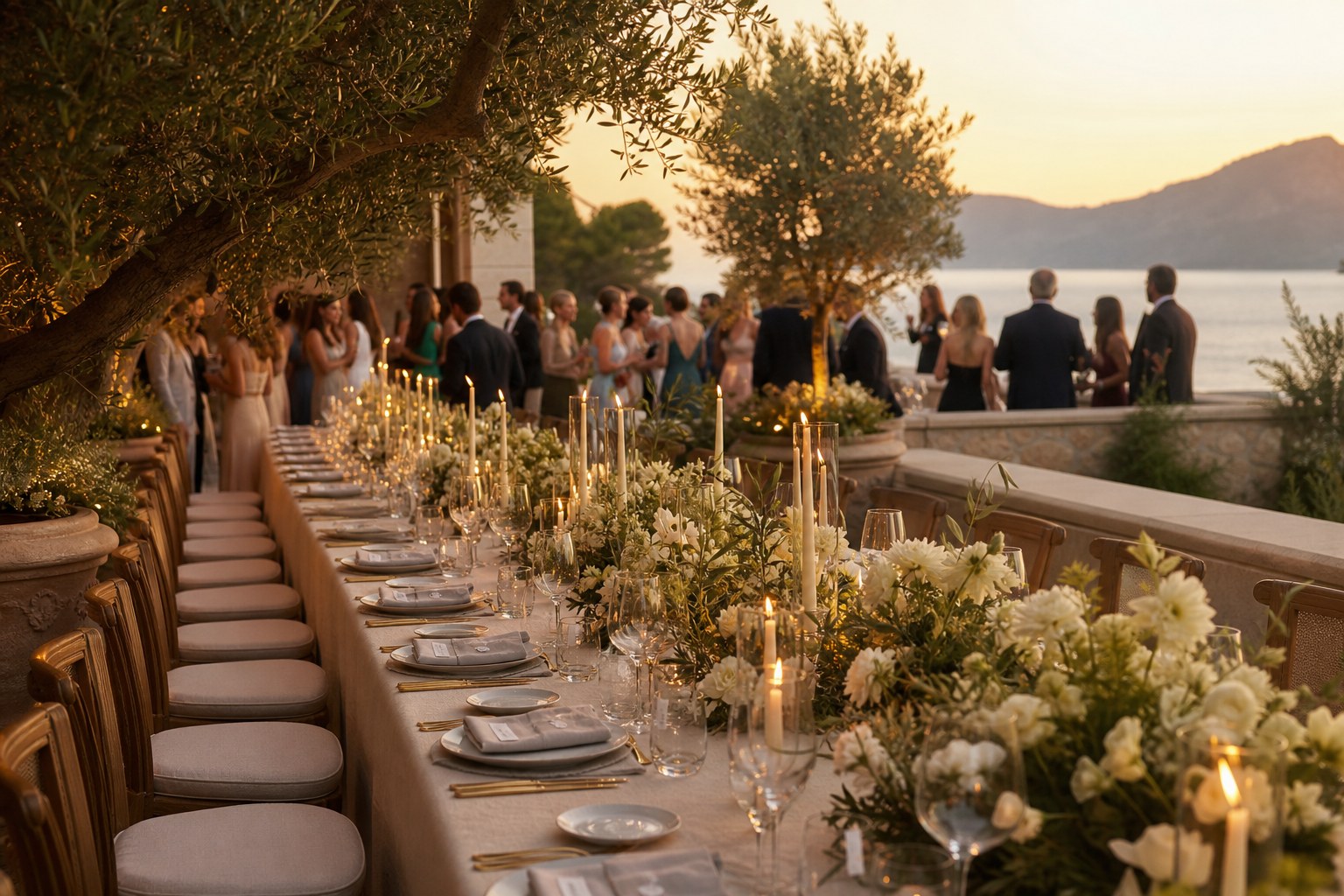 Luxury destination wedding reception at golden hour designed by a luxury wedding planner