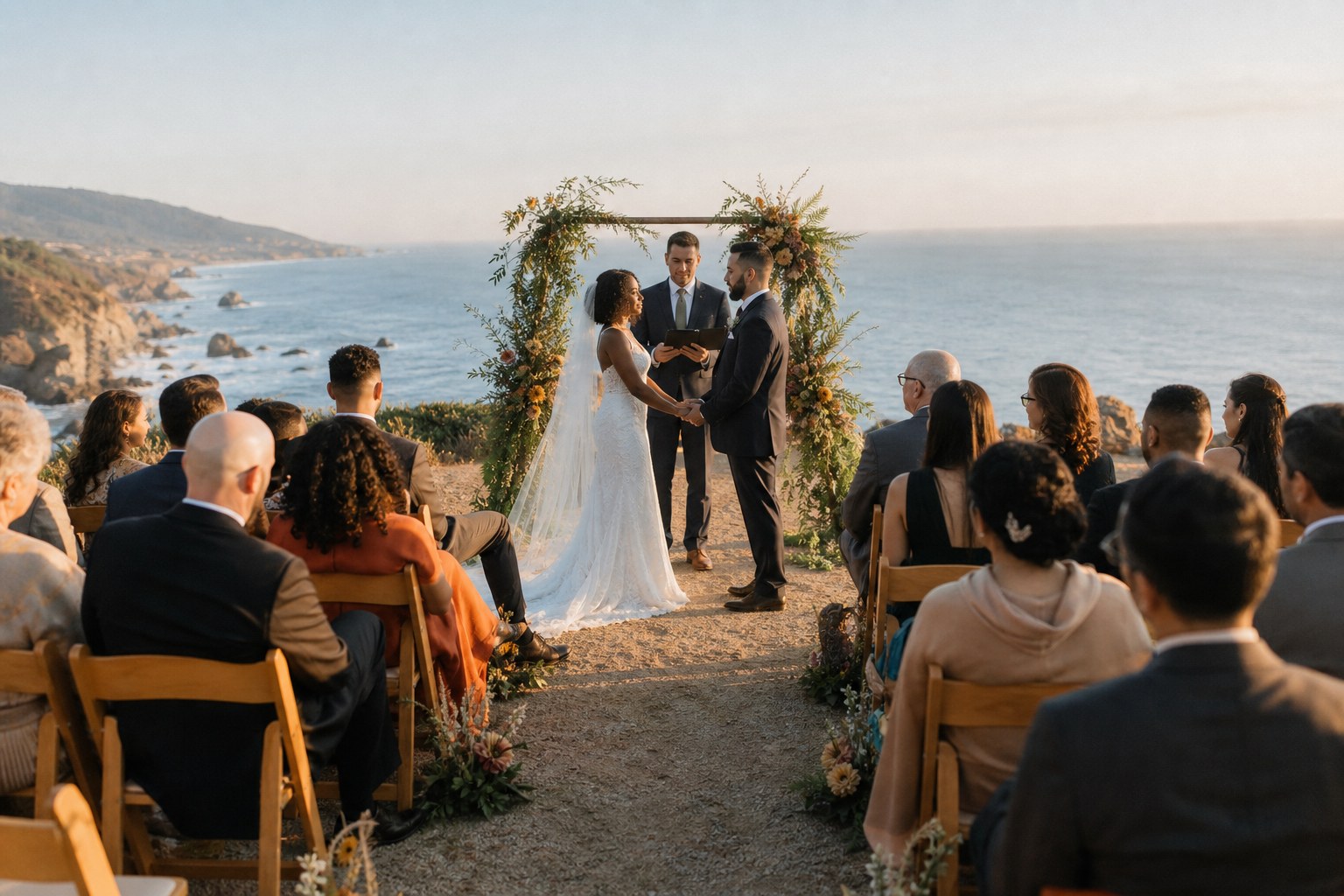 Intimate micro wedding ceremony with a small group of guests outdoors