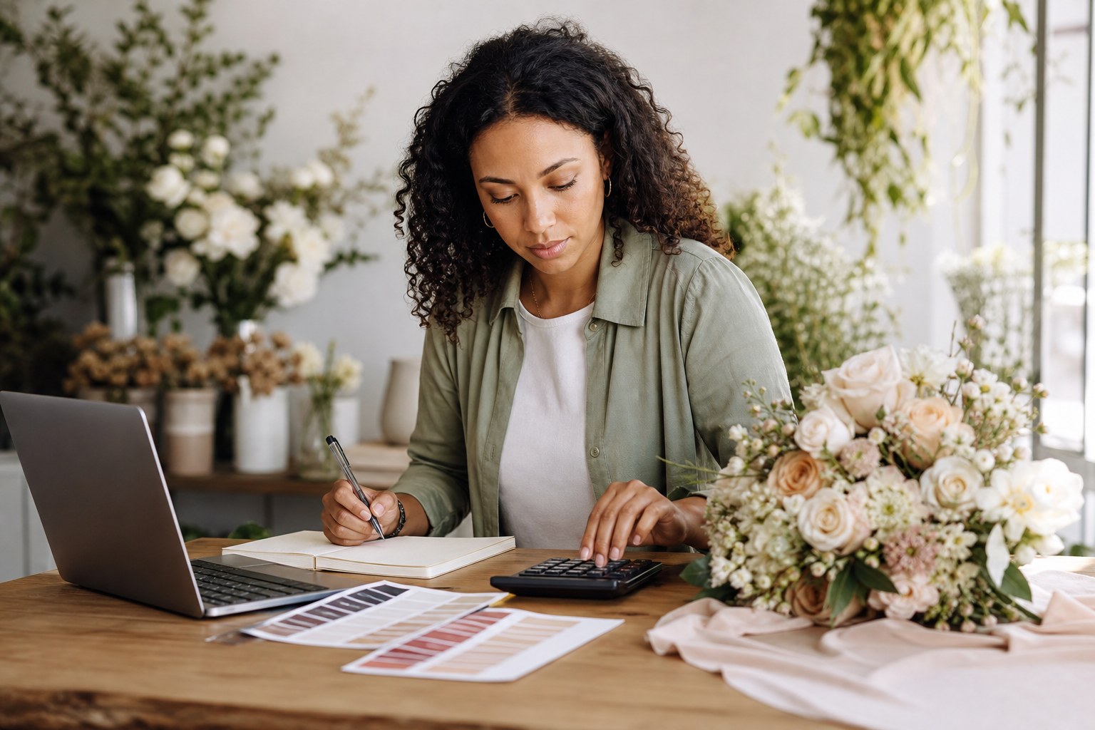 Wedding Academy | Floral Design Course: How to Become a Wedding Florist Wedding florist pricing a floral design quote with a laptop, colour swatches and a sample bridal bouquet