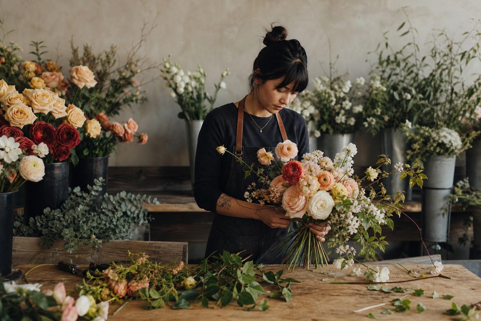Florist arranging a garden-style bridal bouquet on a workbench