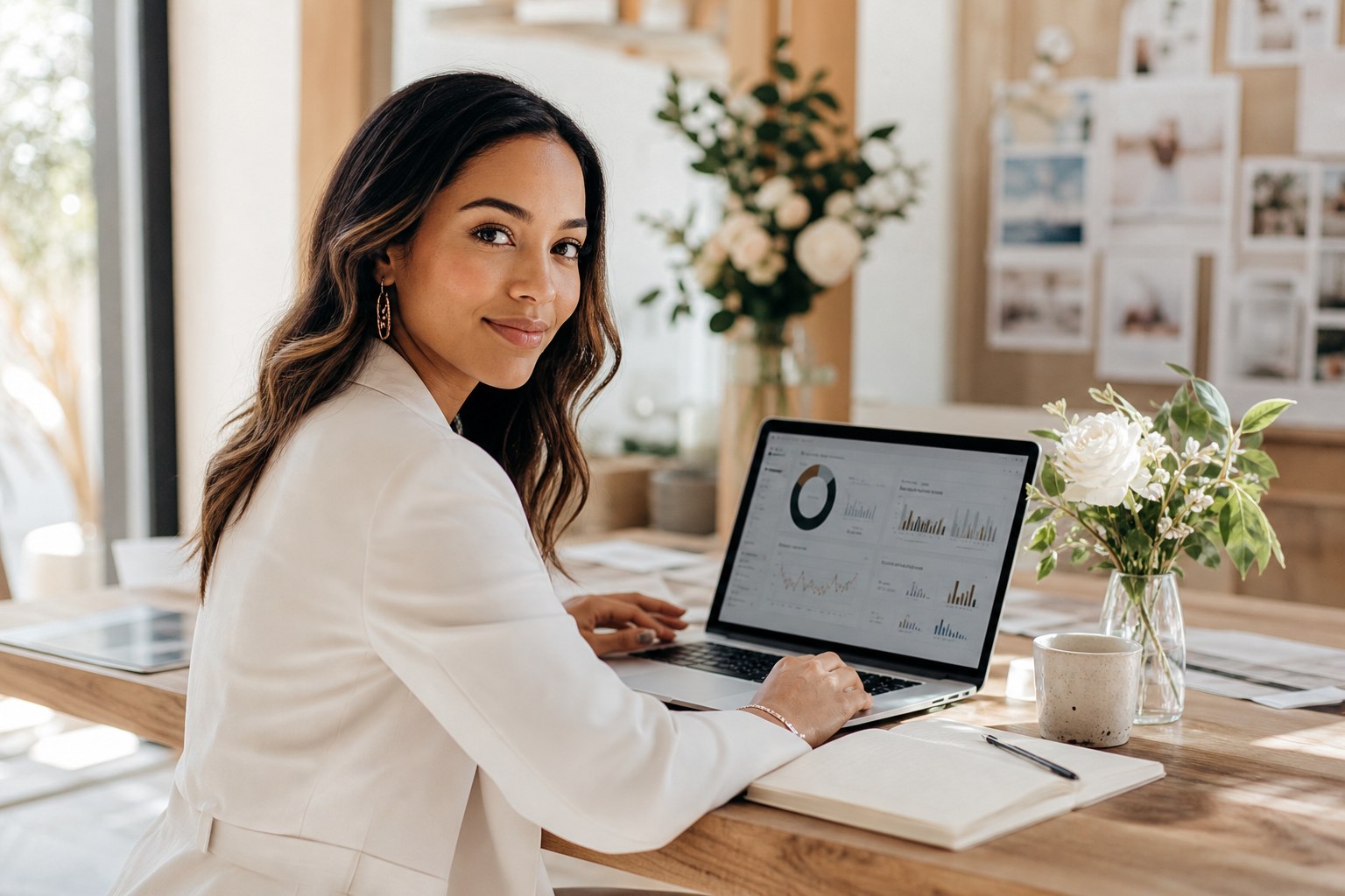 Wedding business marketing course student reviewing her wedding business website traffic on a laptop