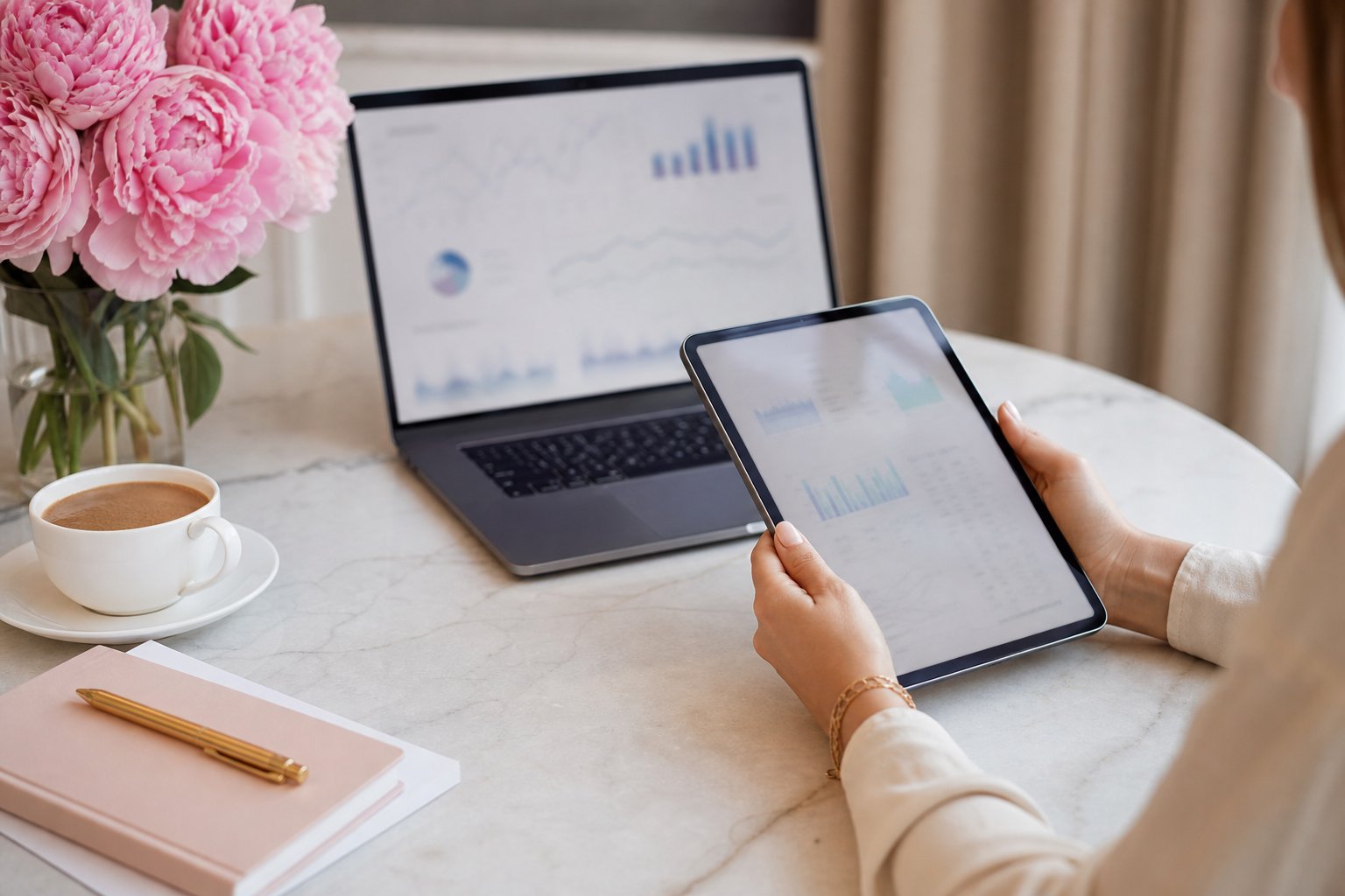 Wedding business owner comparing payment records against CRM reporting on a tablet