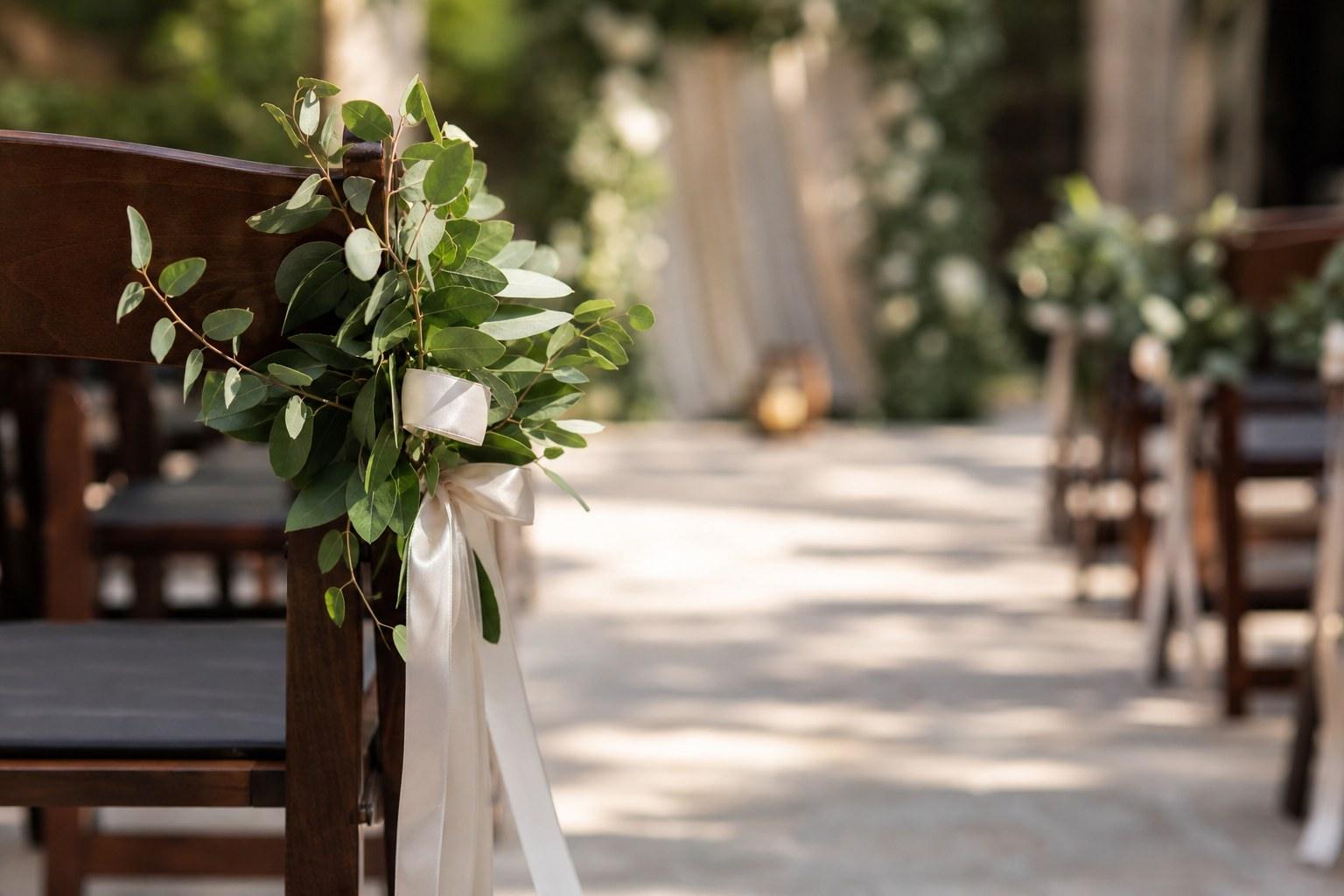 Wedding Academy | Wedding Ceremony Styling: How to Design an Aisle and Backdrop That Photographs Beautifully Ceremony chairs styled with ribbon and greenery along the aisle