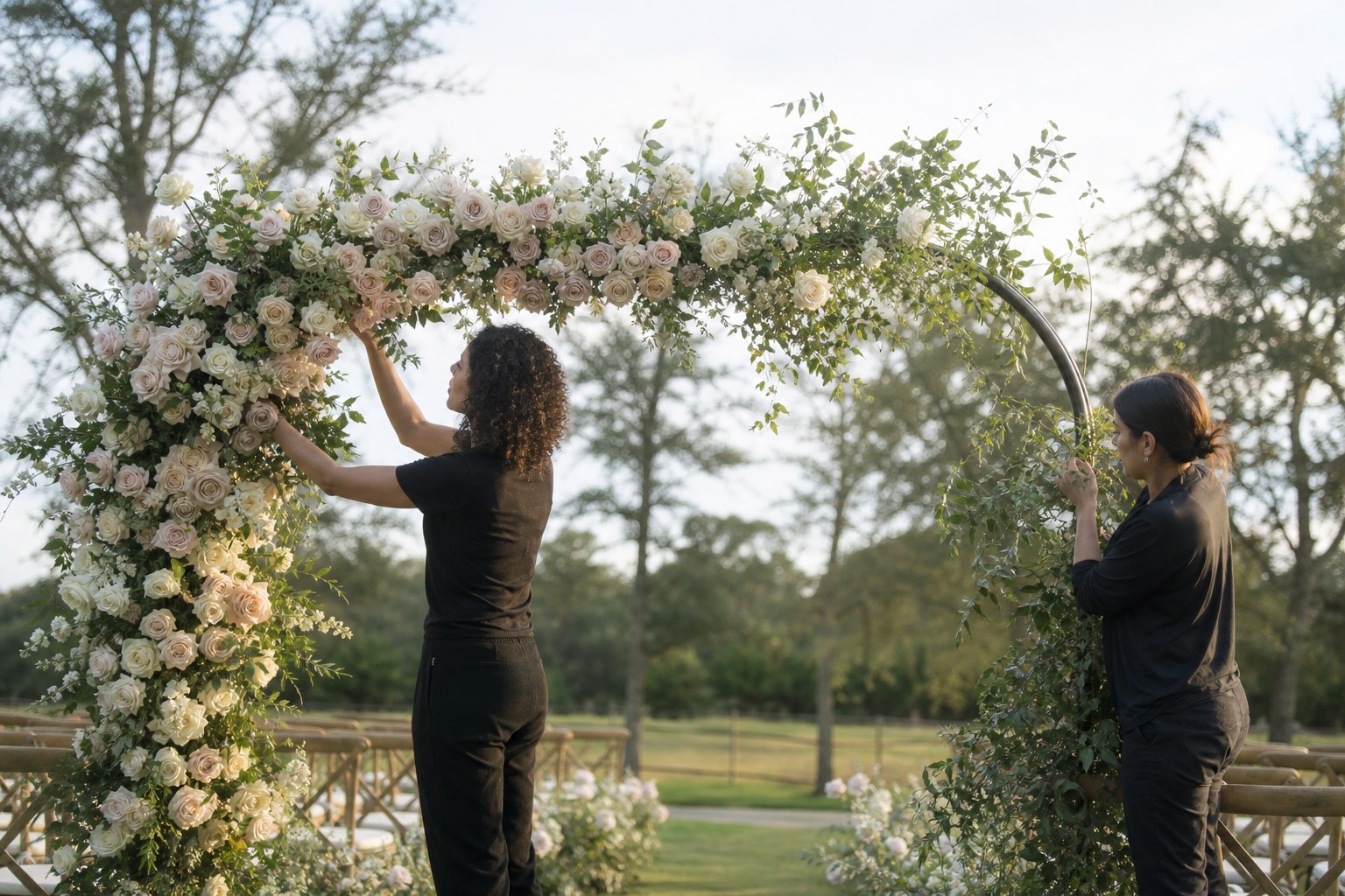 Wedding Academy | How to Price Wedding Flowers: A Florist's Guide to Profitable Quotes Florists installing a wedding ceremony floral arch