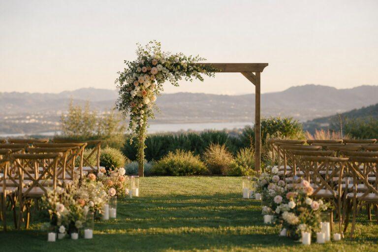 Styled outdoor wedding ceremony aisle with a floral backdrop arch