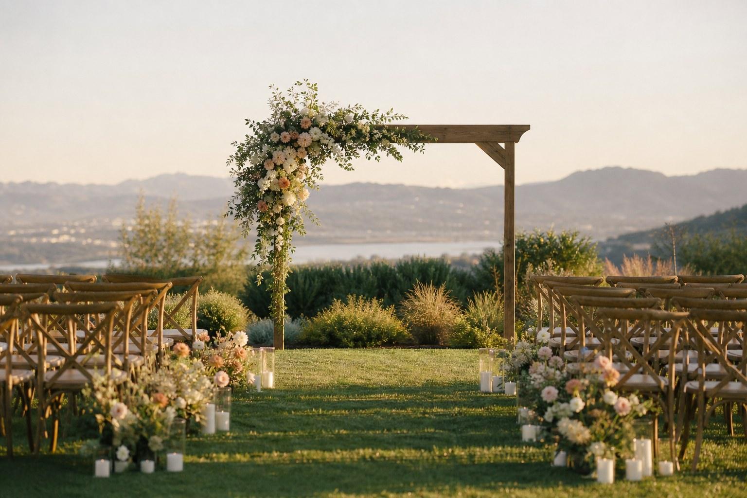 Styled outdoor wedding ceremony aisle with a floral backdrop arch