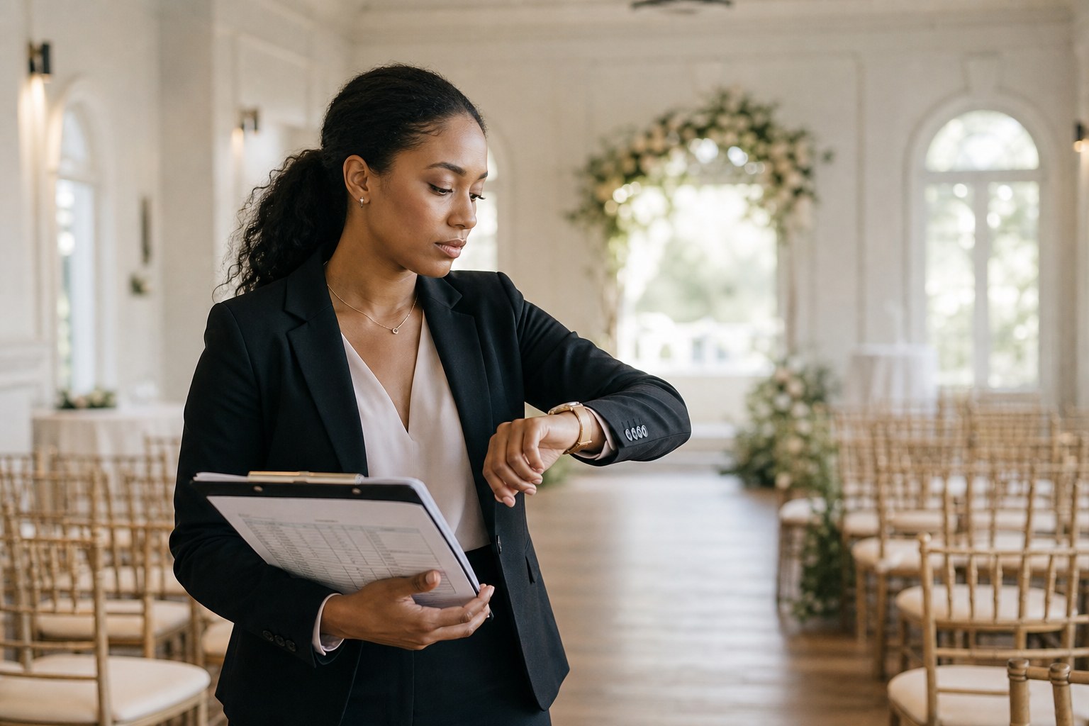 Wedding planner reviewing a wedding day timeline run sheet at a venue
