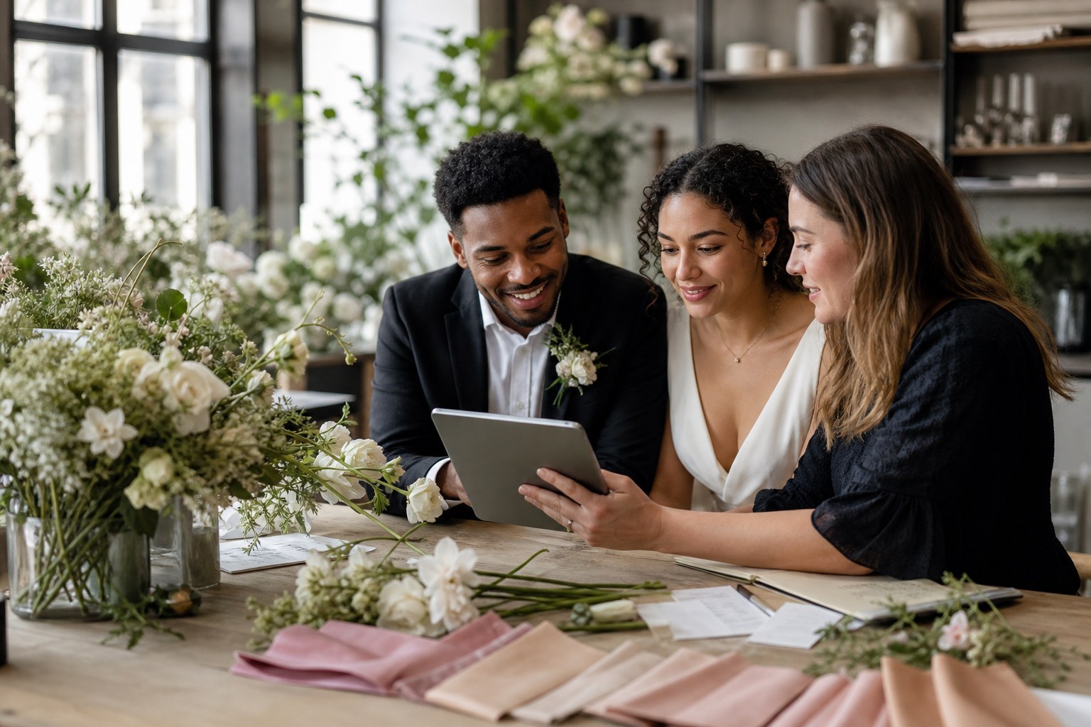 Wedding Academy | How to Price Wedding Flowers: A Florist's Guide to Profitable Quotes Florist presenting a wedding flower pricing proposal to a couple