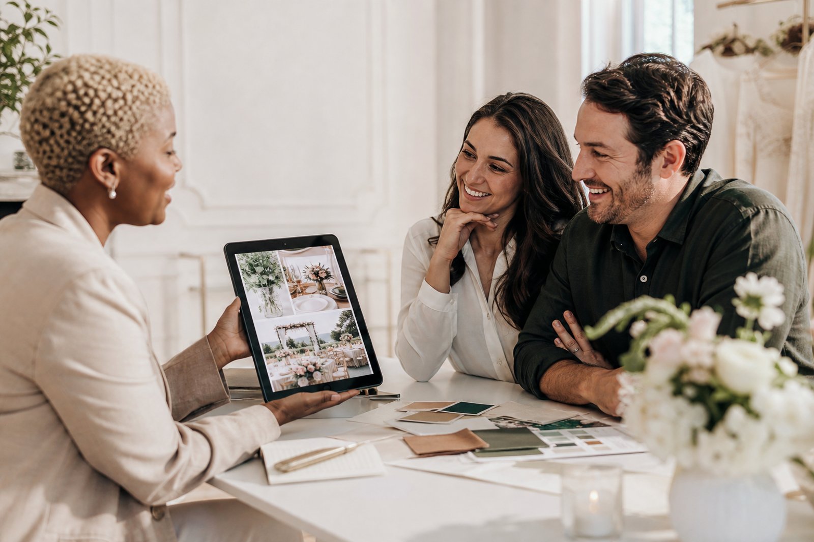 Wedding stylist presenting a styling mood board to an engaged couple