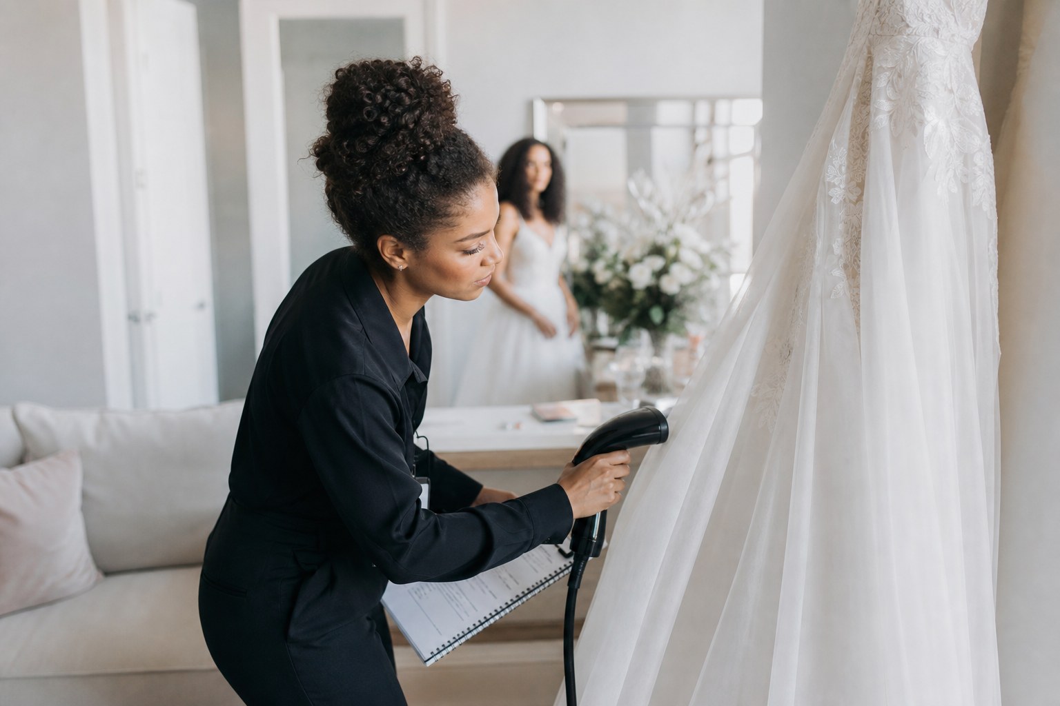 Assistant wedding planner working on site in a bridal suite