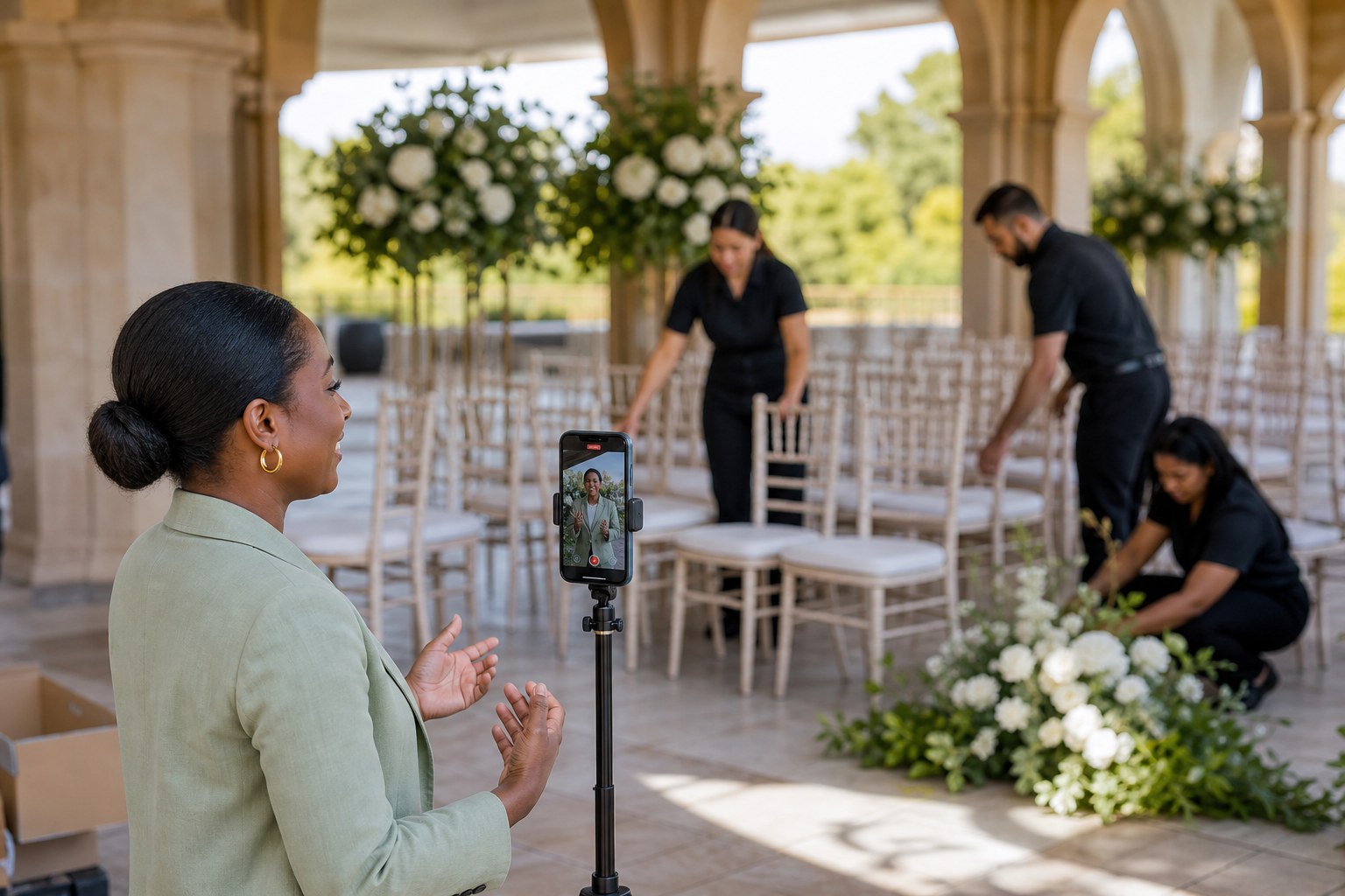 Wedding planner filming behind the scenes content for Instagram marketing