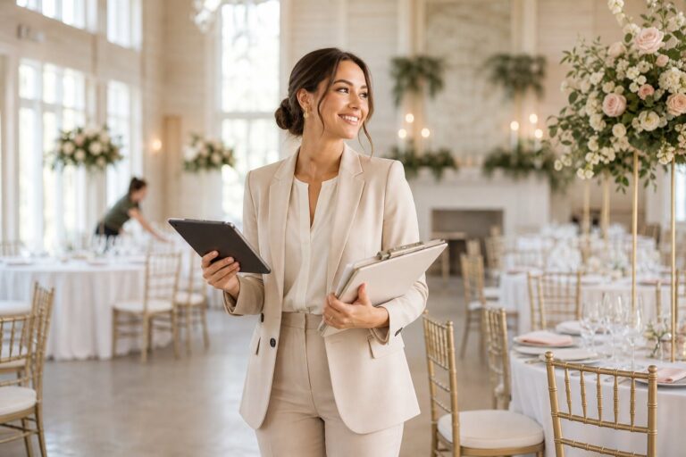 Wedding planner certification Wedding planner certification – certified wedding planner with a tablet in a styled reception venue