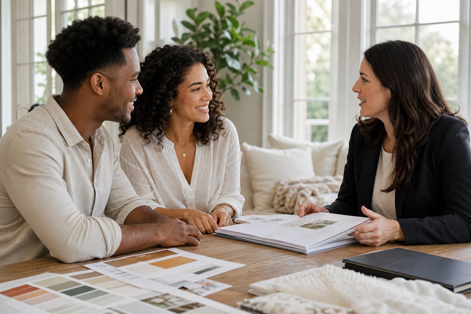 Wedding planner in a home consultation with an engaged couple