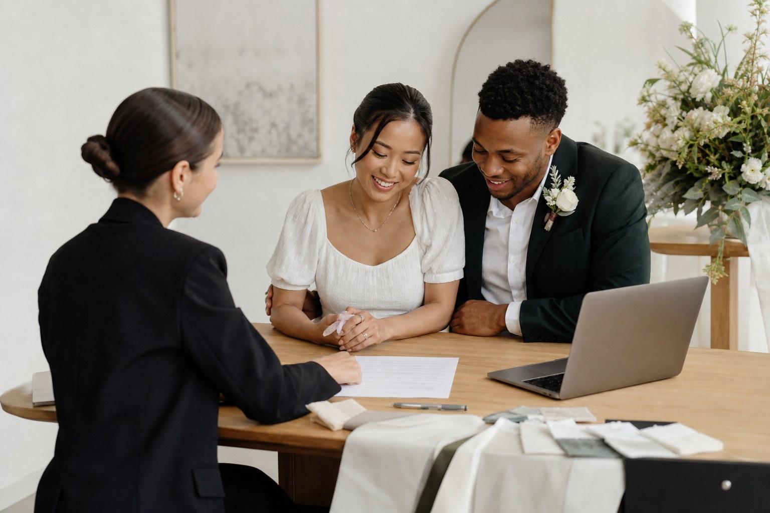 Wedding planner reviewing a wedding planning contract with a couple at a bright studio table