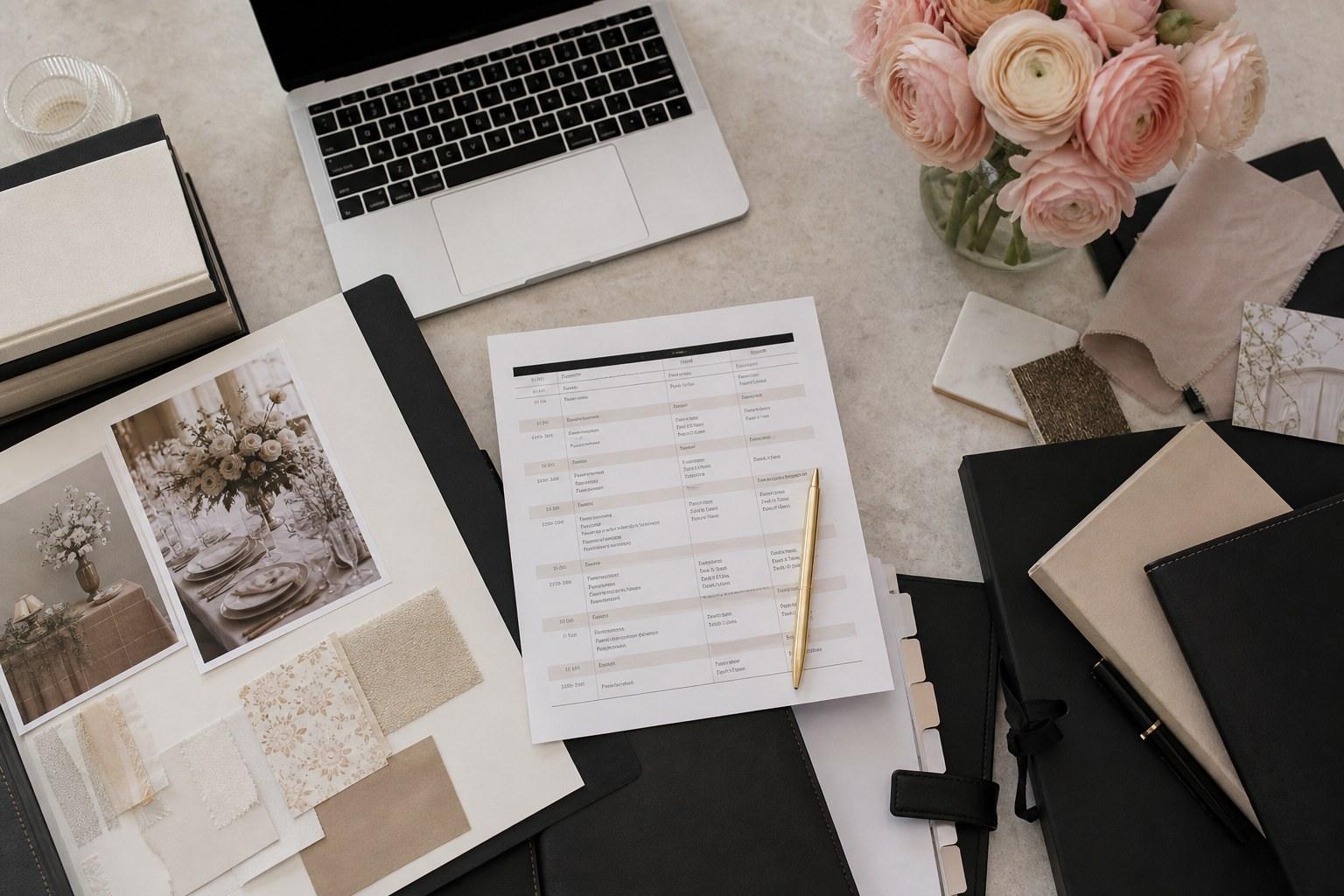 Wedding Academy | Wedding Planner Contracts: What to Include Before You Book Your First Client Organised wedding planner desk with contracts, timeline and mood board