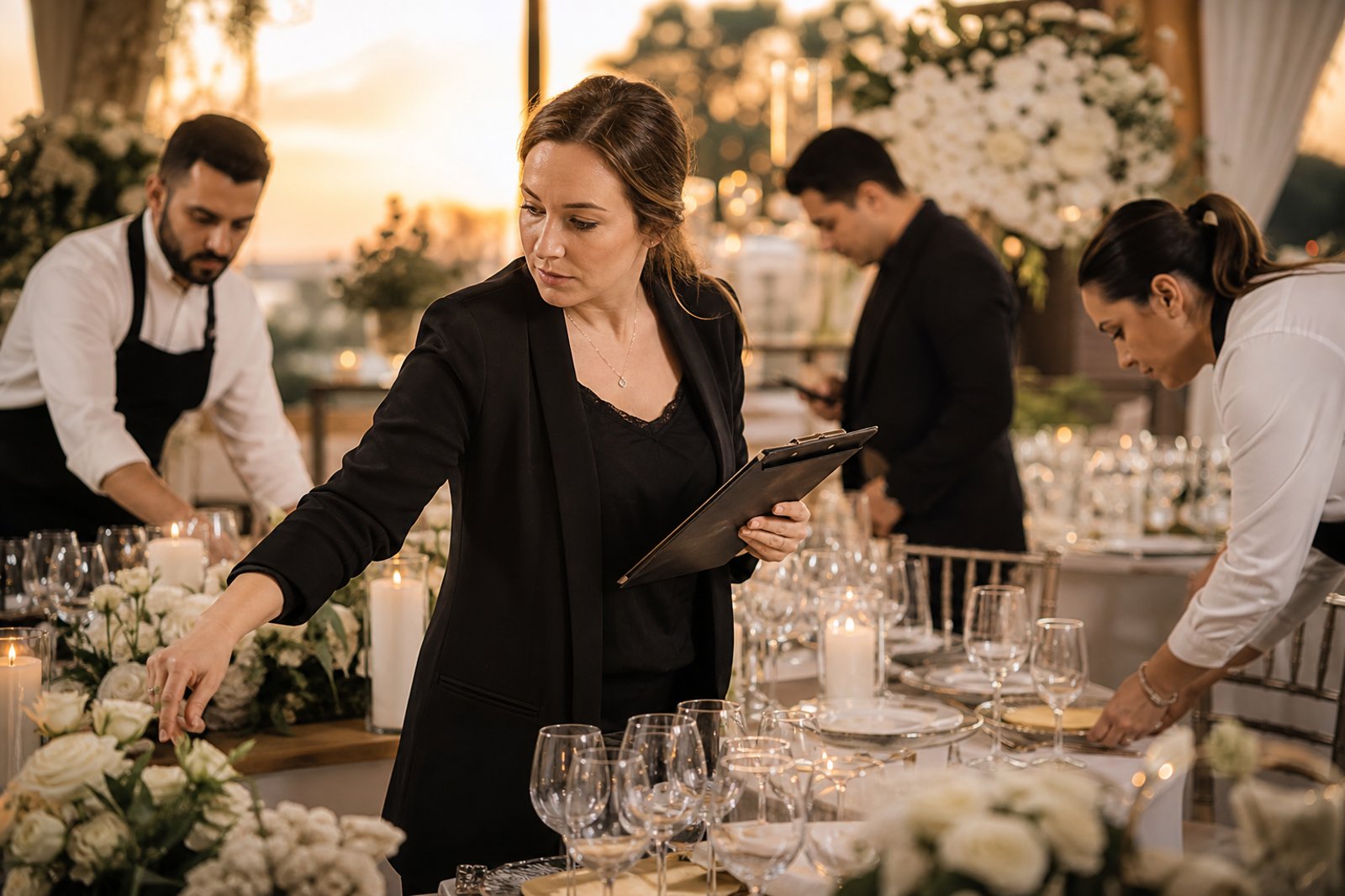 Wedding planner overseeing reception setup at golden hour