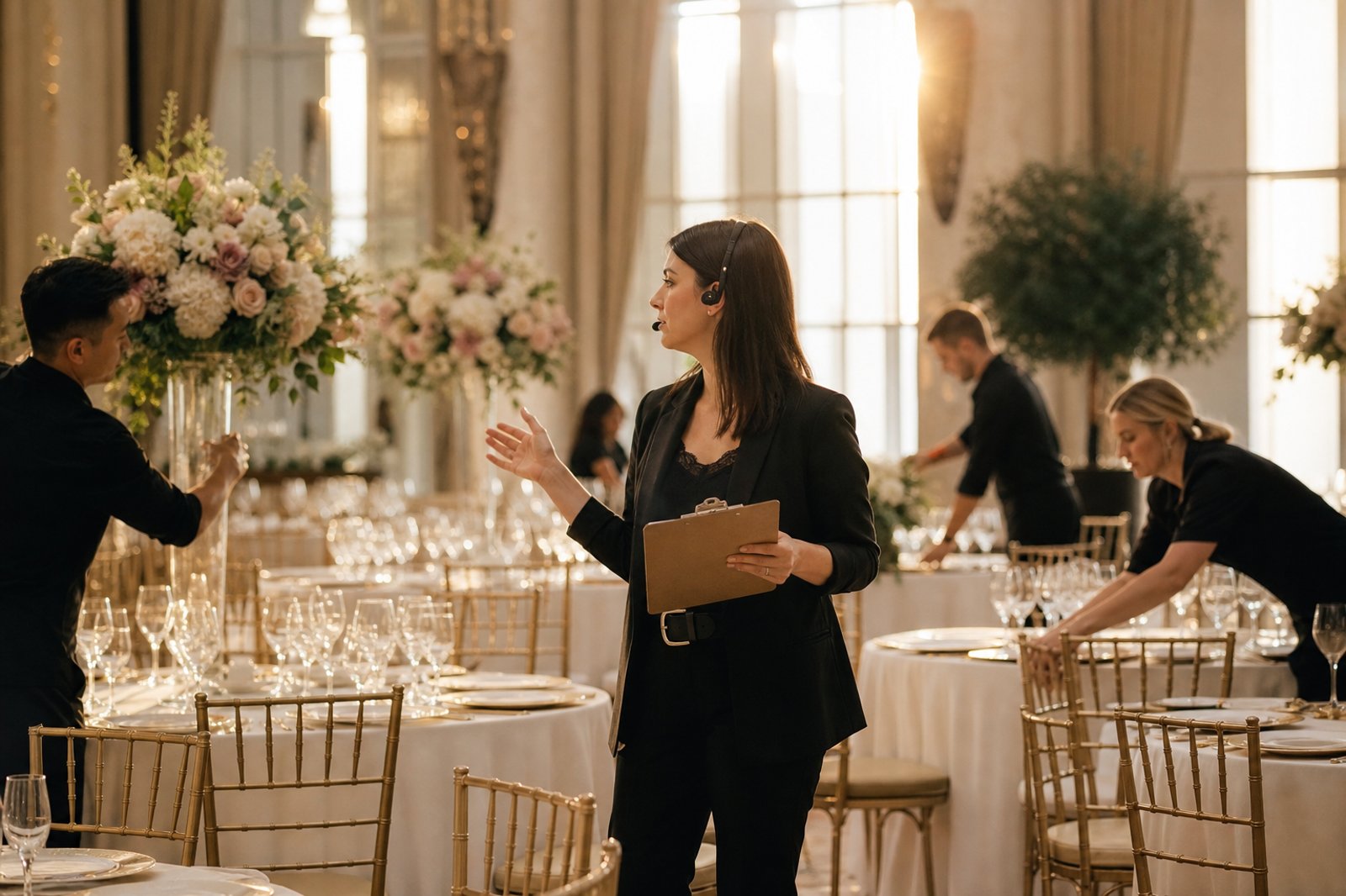 Wedding Academy | How Much Do Wedding Planners Charge? How to Price Your Services Wedding planner coordinating vendors and setup at a reception venue on the wedding day