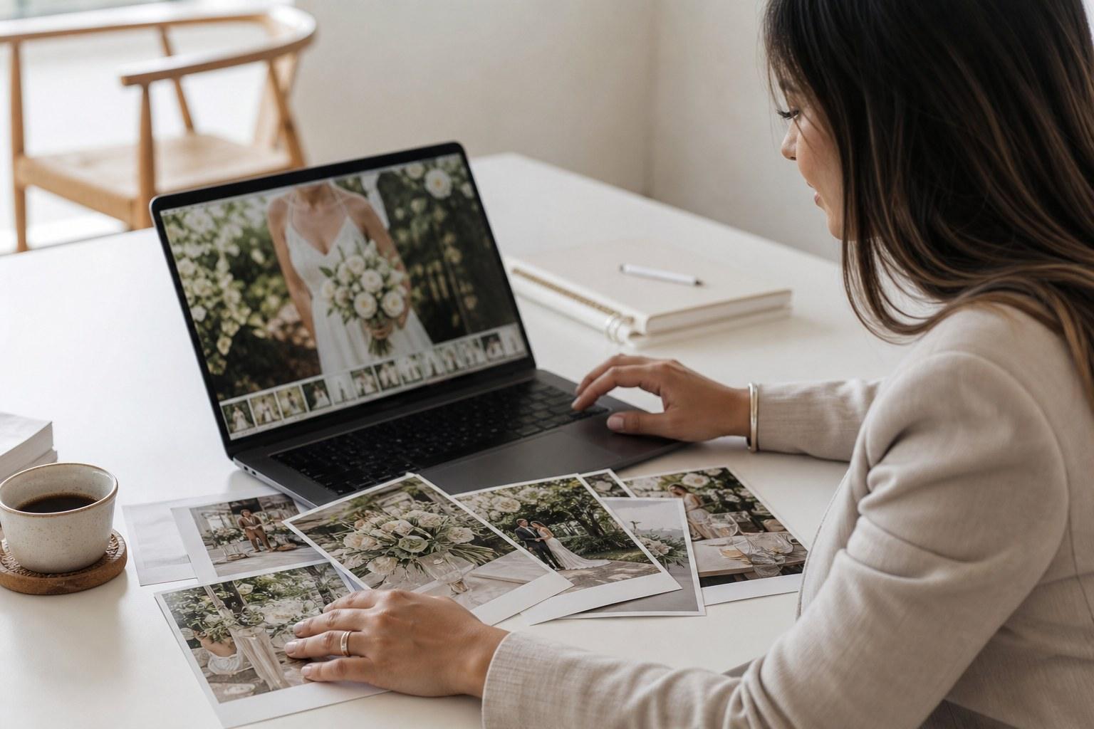 Wedding Academy | Wedding Planner Portfolio: How to Build One With No Real Weddings Yet Planner reviewing portfolio images on a laptop and printed proofs