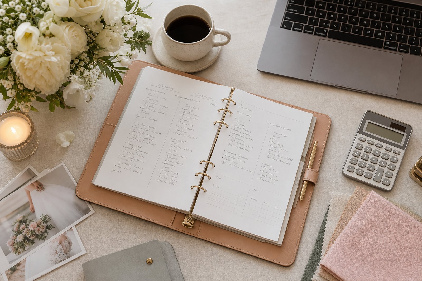 Wedding Academy | How Much Do Wedding Planners Charge? How to Price Your Services Wedding planner desk with package tiers, swatches and a calculator for pricing services