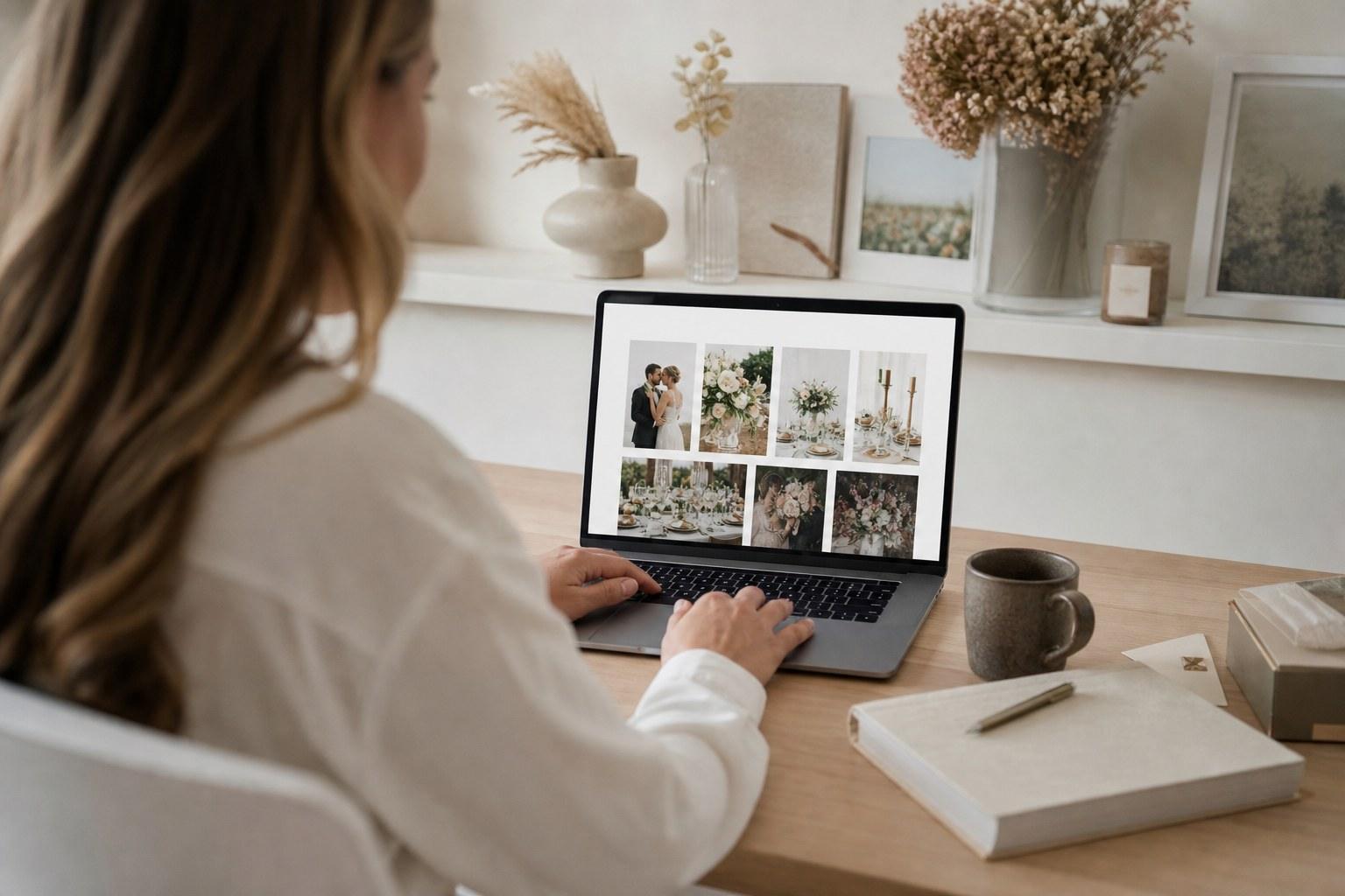 Wedding Academy | Wedding Planner Portfolio: How to Build One With No Real Weddings Yet Wedding planner updating a portfolio website on a laptop