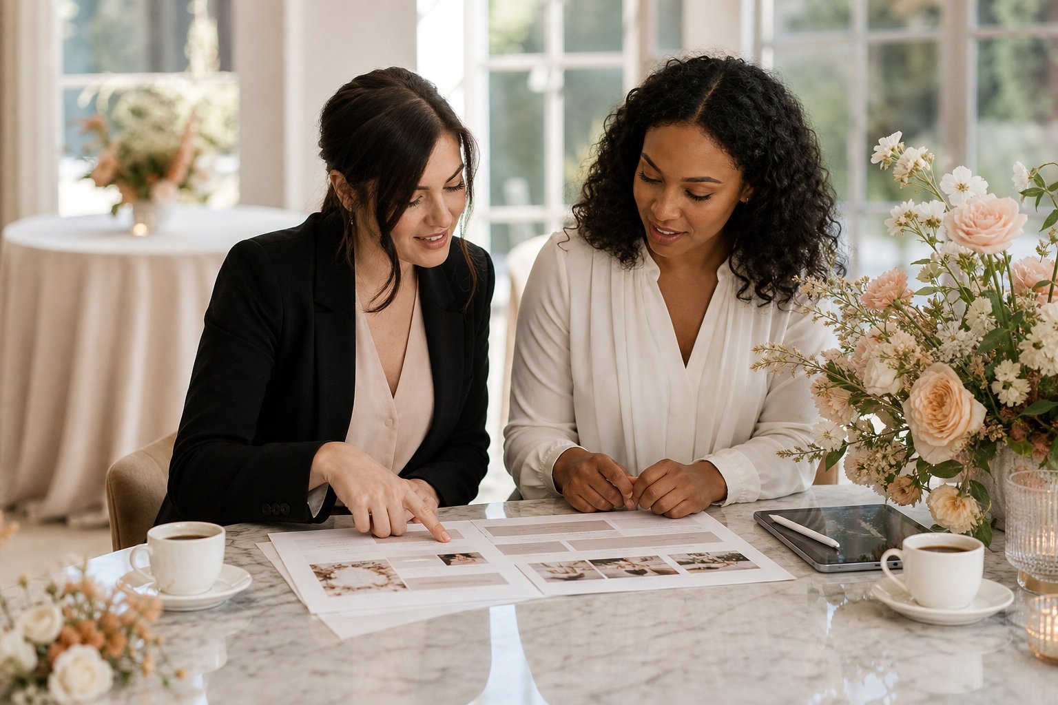 Two wedding planners reviewing a printed run sheet and timeline at a marble table