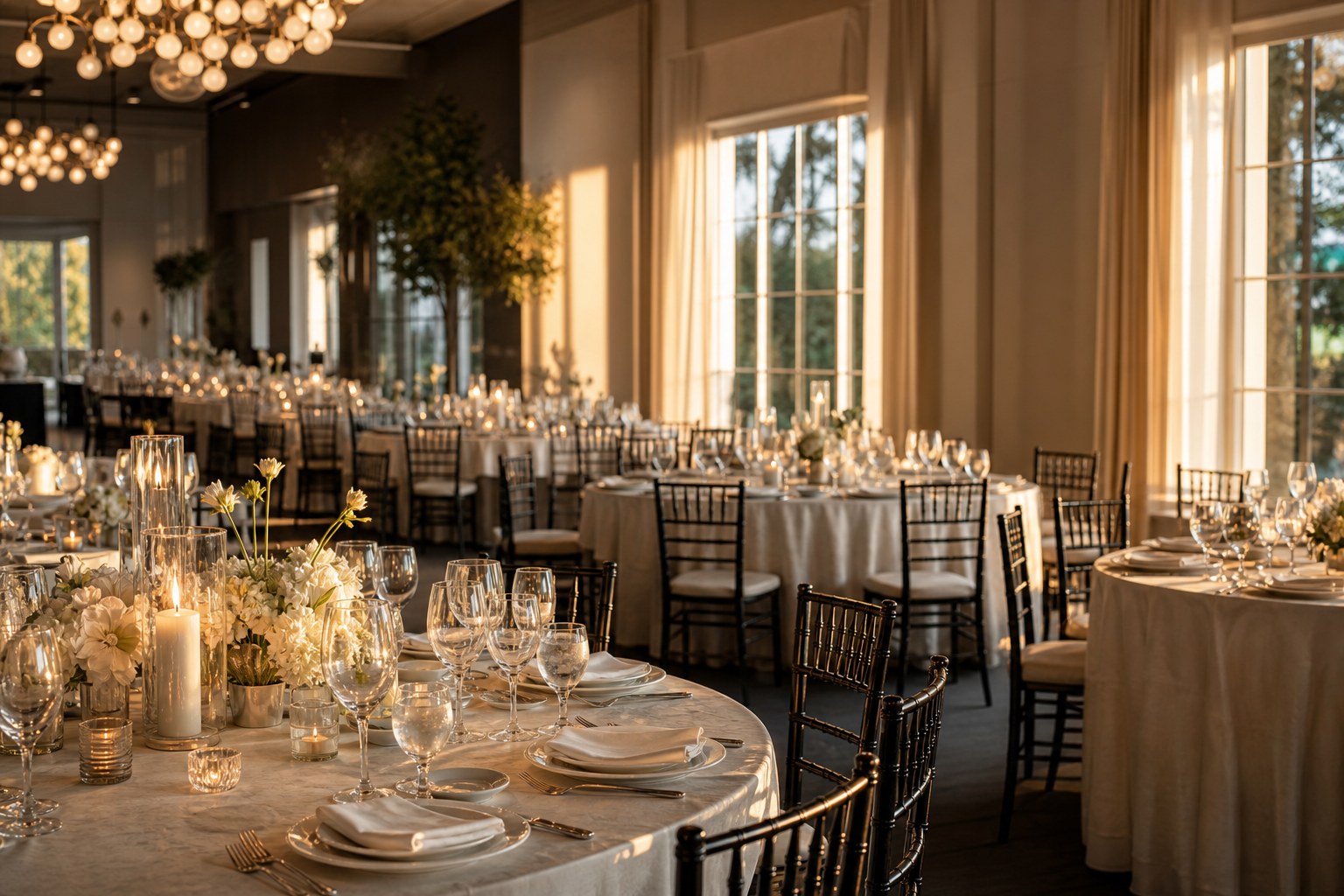 Wedding reception room set and ready before guests arrive