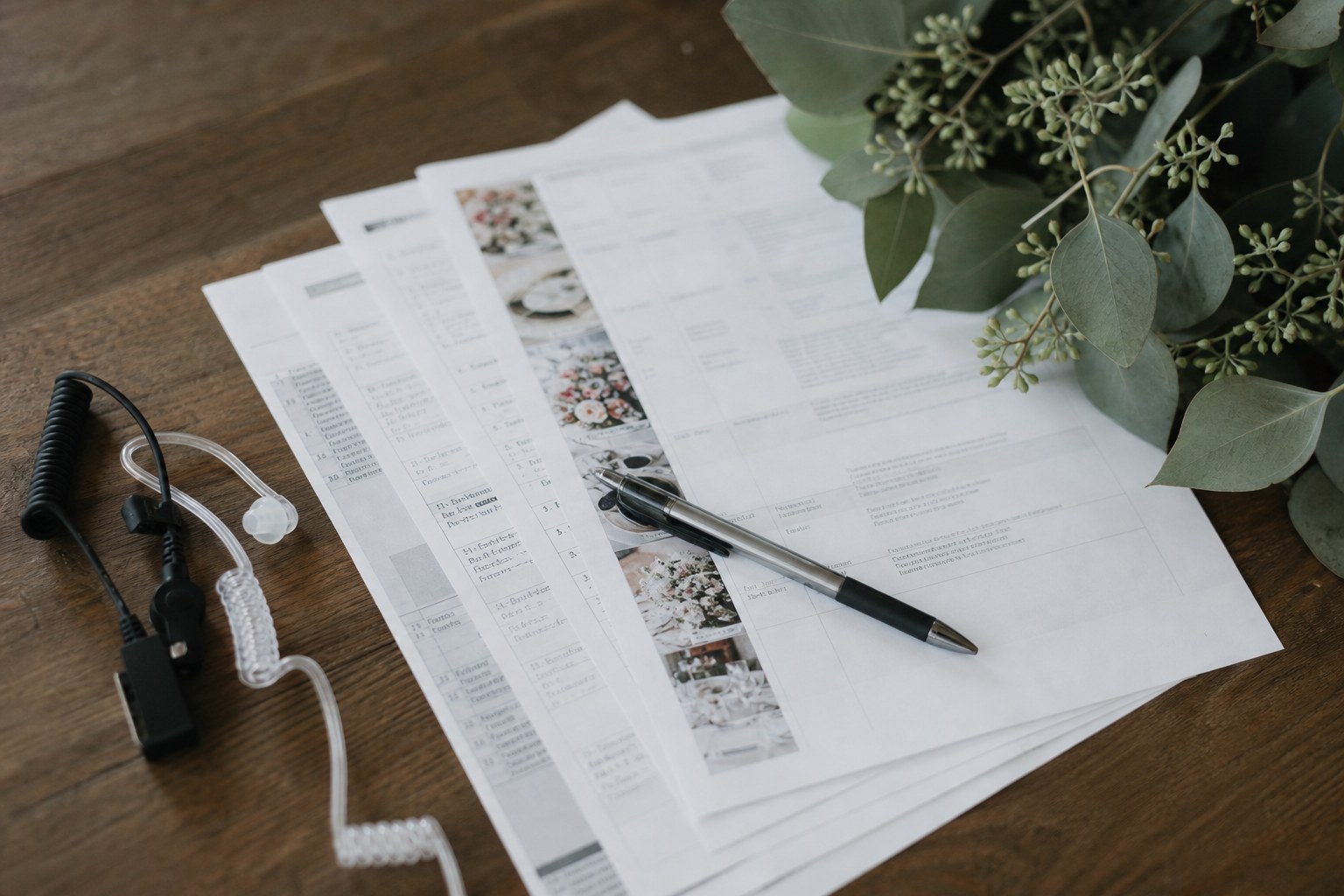Printed wedding run sheet and supplier contact list on a table