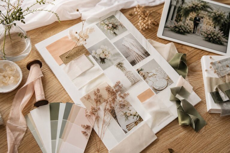 wedding-styling-mood-board-planning Wedding styling mood board with fabric swatches, colour chips and florals