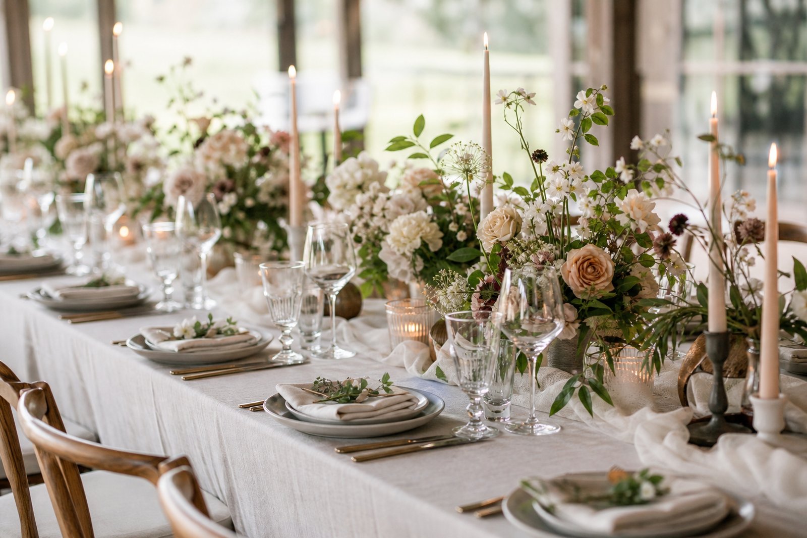 Styled wedding reception tablescape matching an approved styling mood board