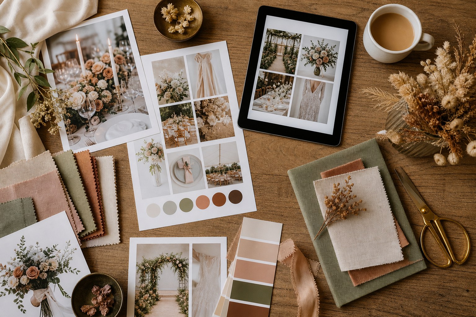 Wedding stylist portfolio flat lay with mood boards, colour palette cards, fabric swatches and a tablet gallery