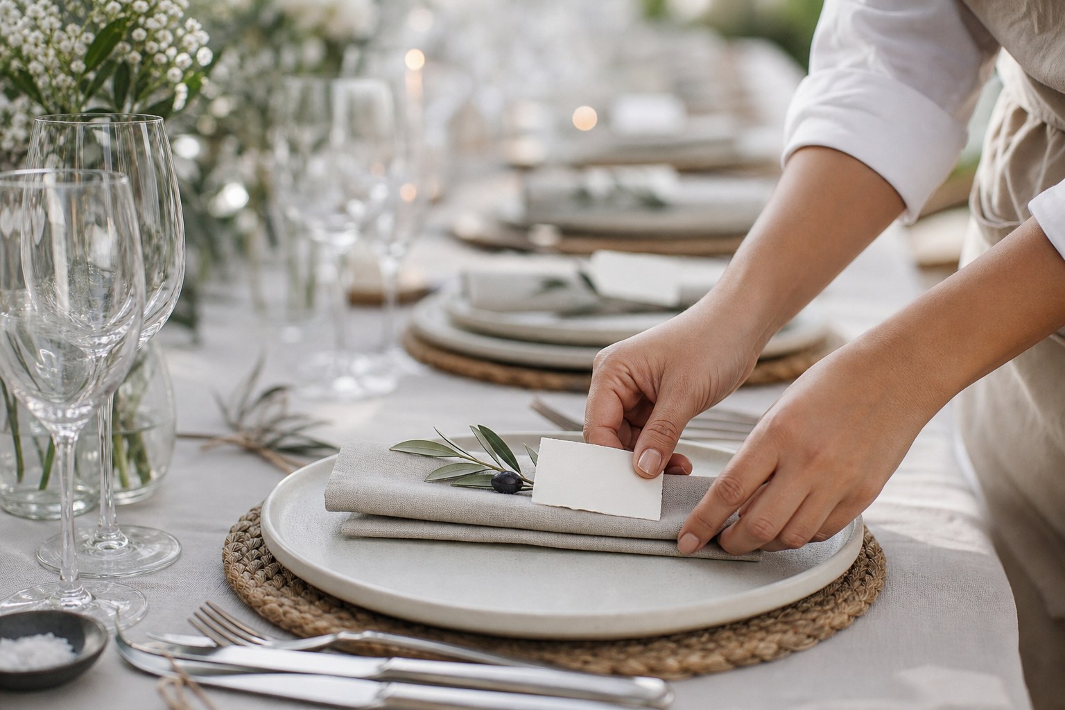 Wedding Academy | Wedding Table Styling: How to Design a Tablescape That Photographs Beautifully Wedding stylist arranging place settings and napkins on a reception table