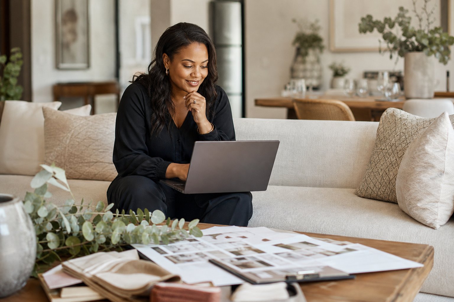 Using AI in a wedding business Wedding stylist using AI tools on a laptop at home