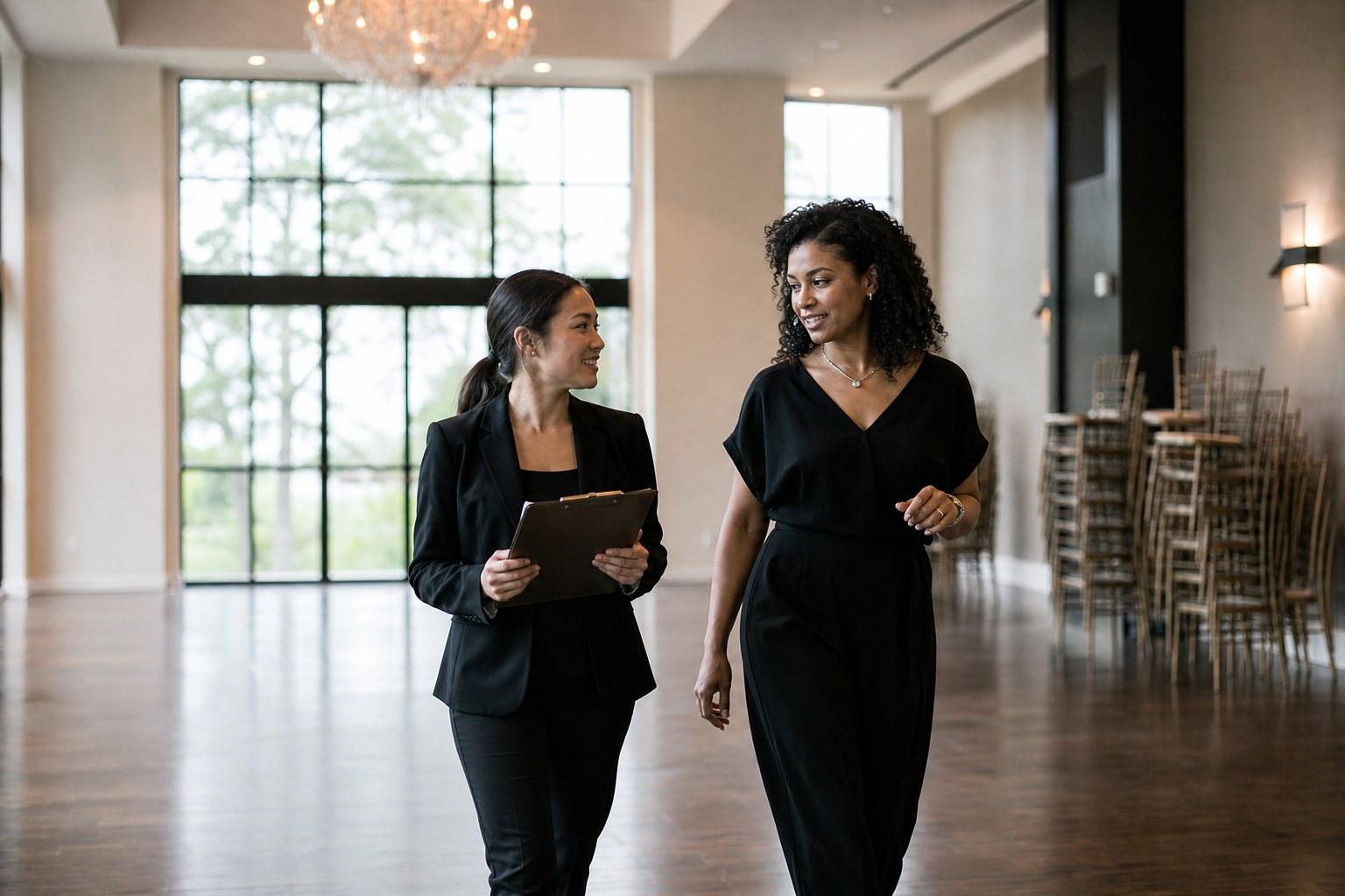 Wedding planner and venue coordinator walking through an empty reception space