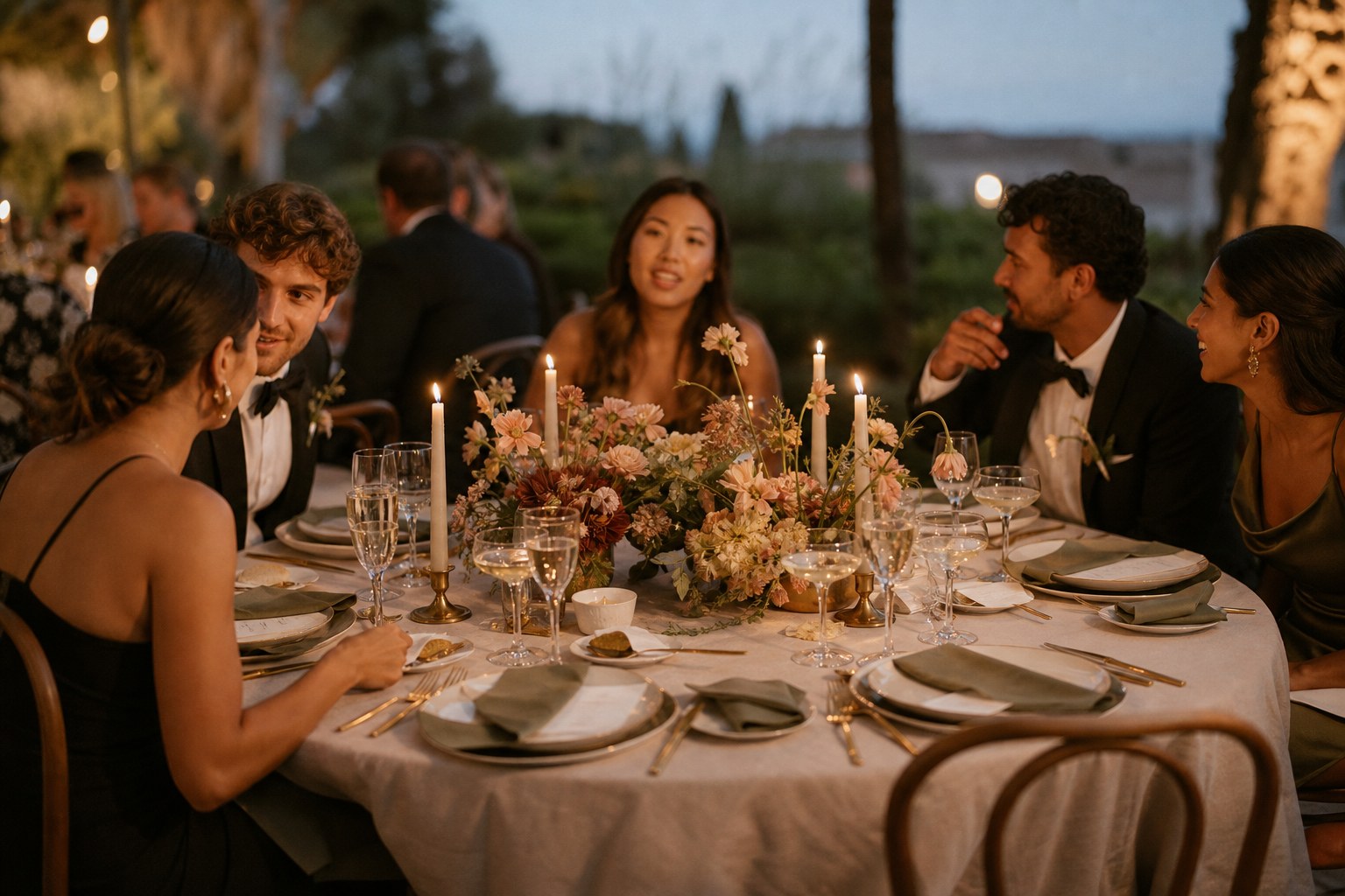 Wedding table styling with candlelight, linen and low floral centrepieces